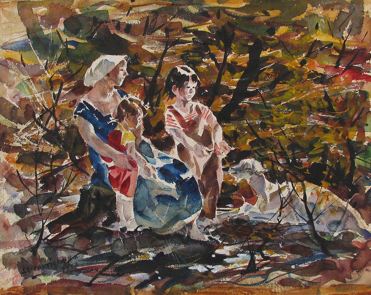 Figurative Art John Costigan - Peinture à l'aquarelle « Mother and Children » de John E. Costigan