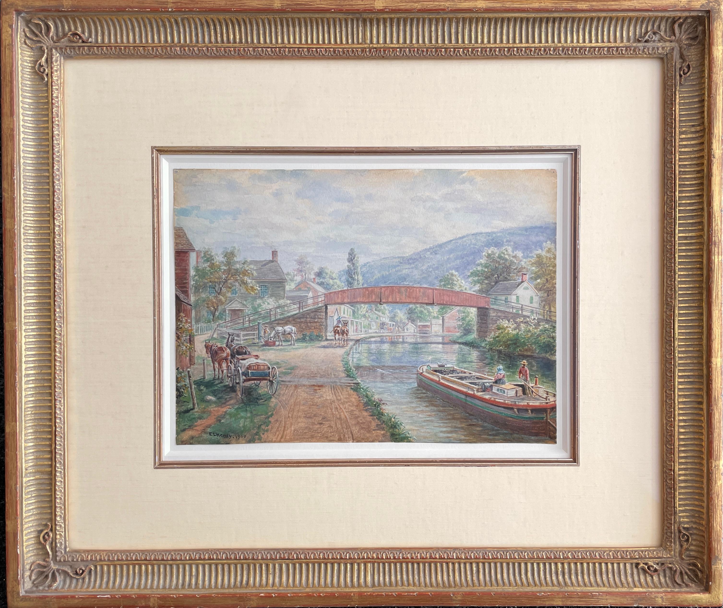 Original watercolor by Edward Lamson Henry looking back at barge travel through small New York state towns. 

Delaware & Hudson Canal, Ellenville NY (1900)
Watercolor on paper
8 ¼" x 11"18" x 21 ¼" x 1 ½" framed
Signed "EL Henry, 1900" lower