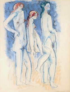 Vintage Untitled-019 pastel on paper of three nude models by Hans Burkhardt