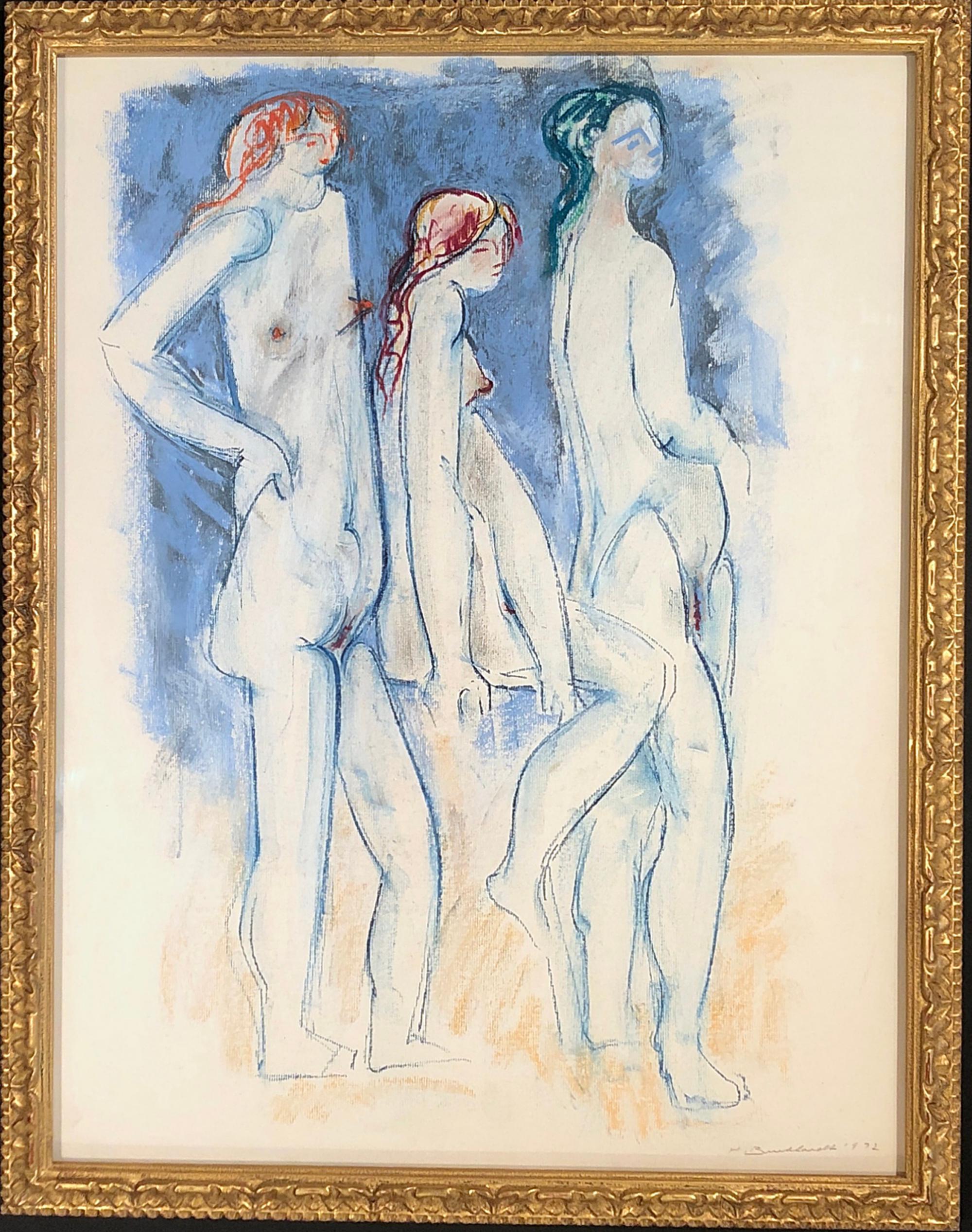 Untitled-019 pastel on paper of three nude models by Hans Burkhardt For Sale 1