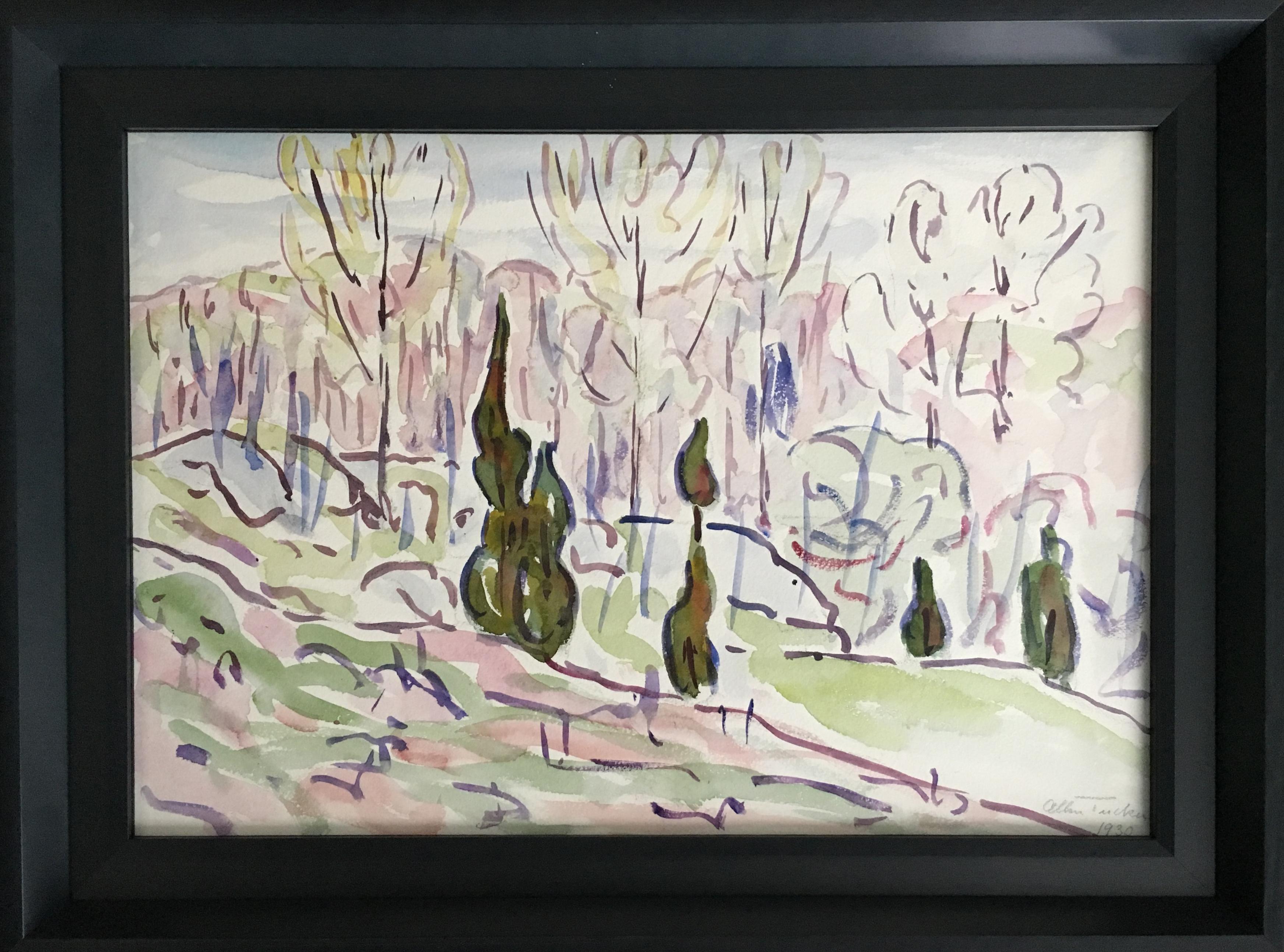 This 1930 watercolor by American artist and architect Allen Tucker is framed with museum quality, non-reflective glass and archival matting. It was gifted by the artist to his friend Una Brage (USA/Switzerland). 

Tucker, who was often called the