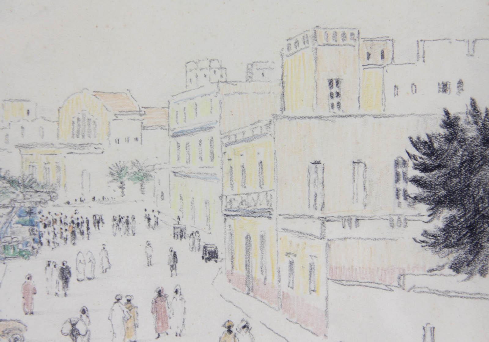 La stazione delle auto a Mazagan, in Marocco - Landscape Art Grigio di Georges Henri Manzana Pissarro
