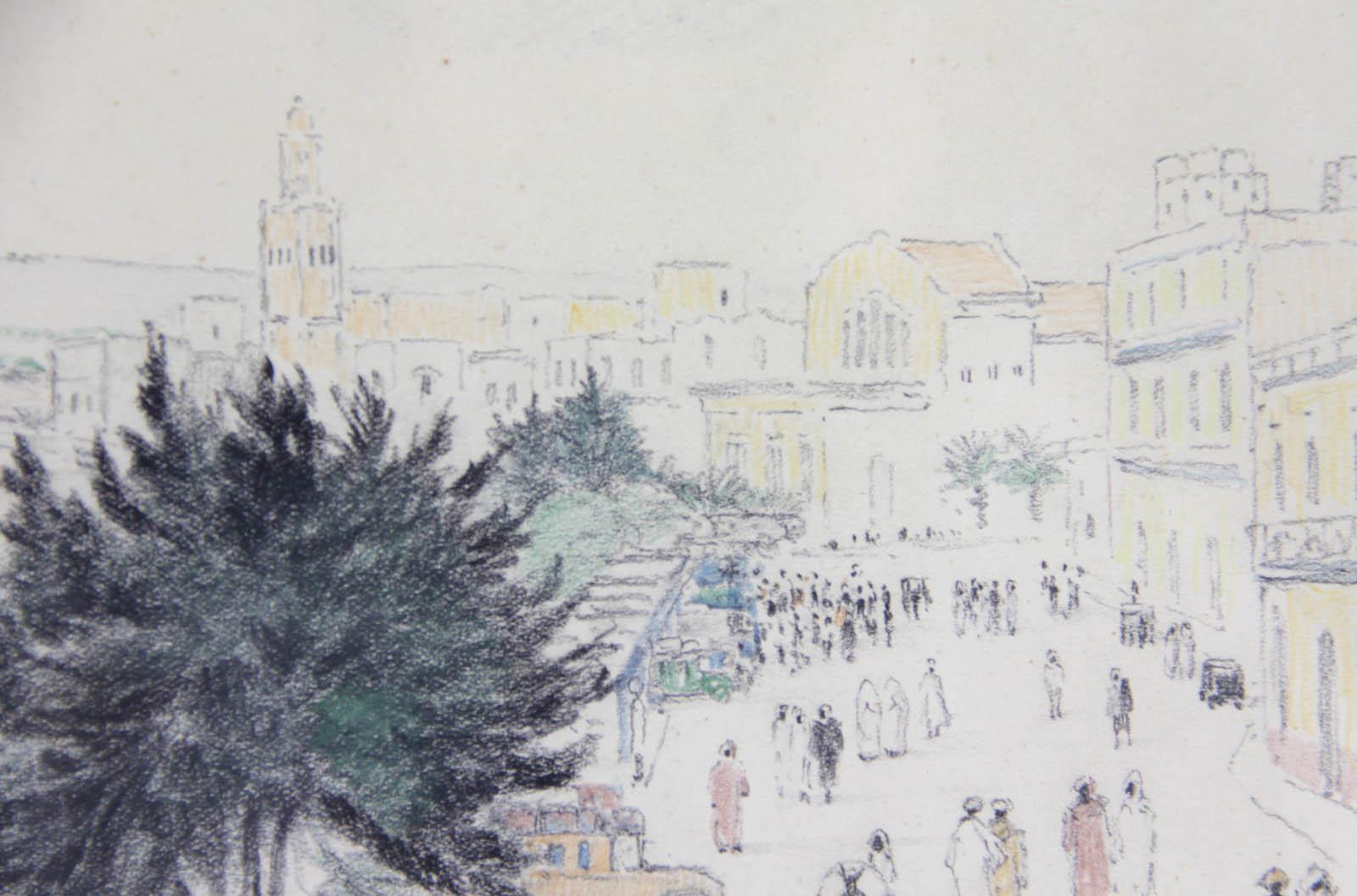 Georges MANZANA PISSARRO (1871-1961)

La stazione degli autobus di Mazagan, in Marocco

Disegno a matita colorata
Dimensioni: 19,5 x 25 cm
Firmato in basso a destra.
Si trova in basso a sinistra.

Provenienza: Collezione della famiglia