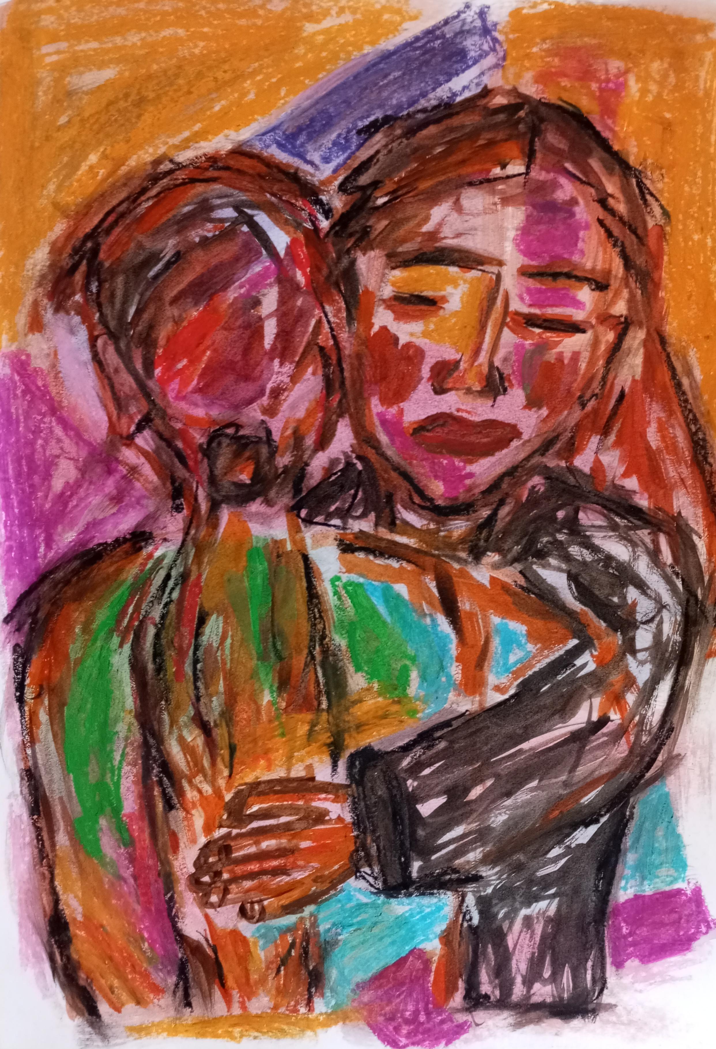Natalya Mougenot  Figurative Art - Two women hugging each other painting on paper "You are my rock" 