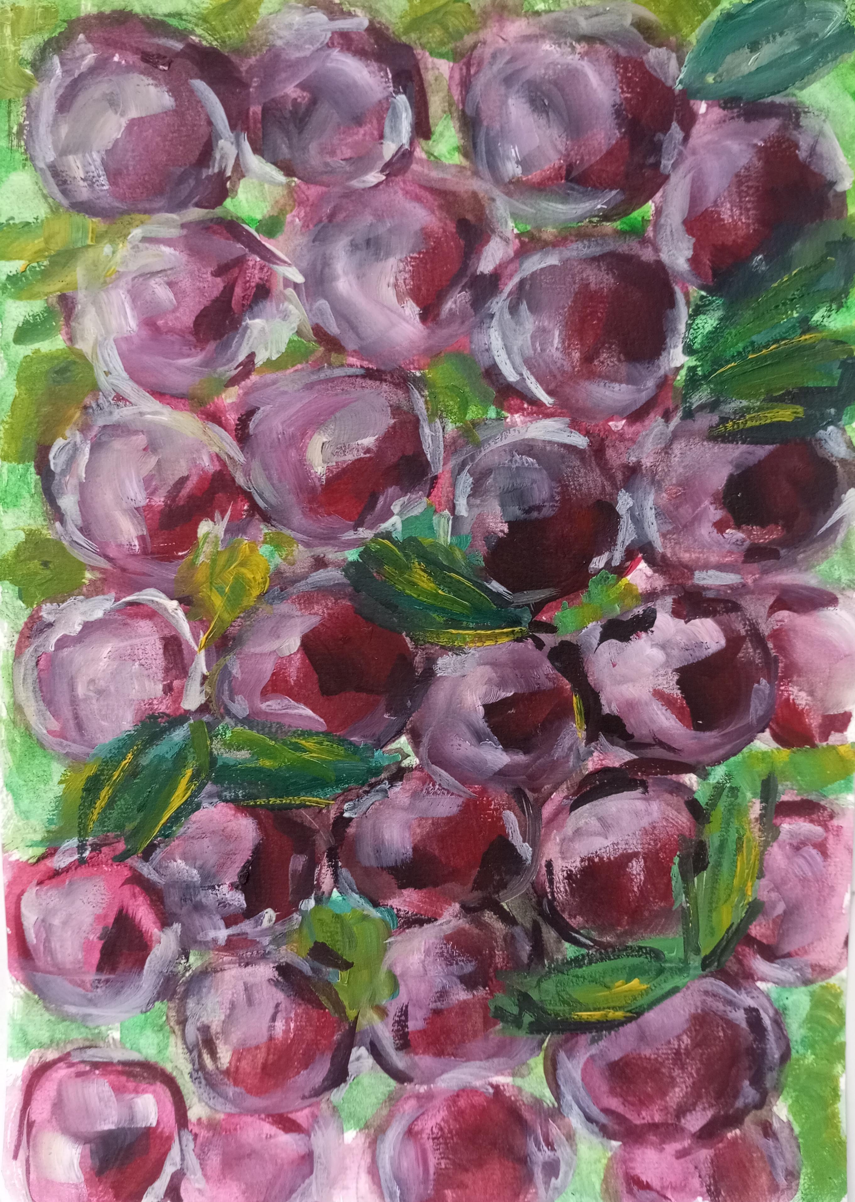 "Frutti di prugna" (dipinto a olio impressionista contemporaneo su carta)