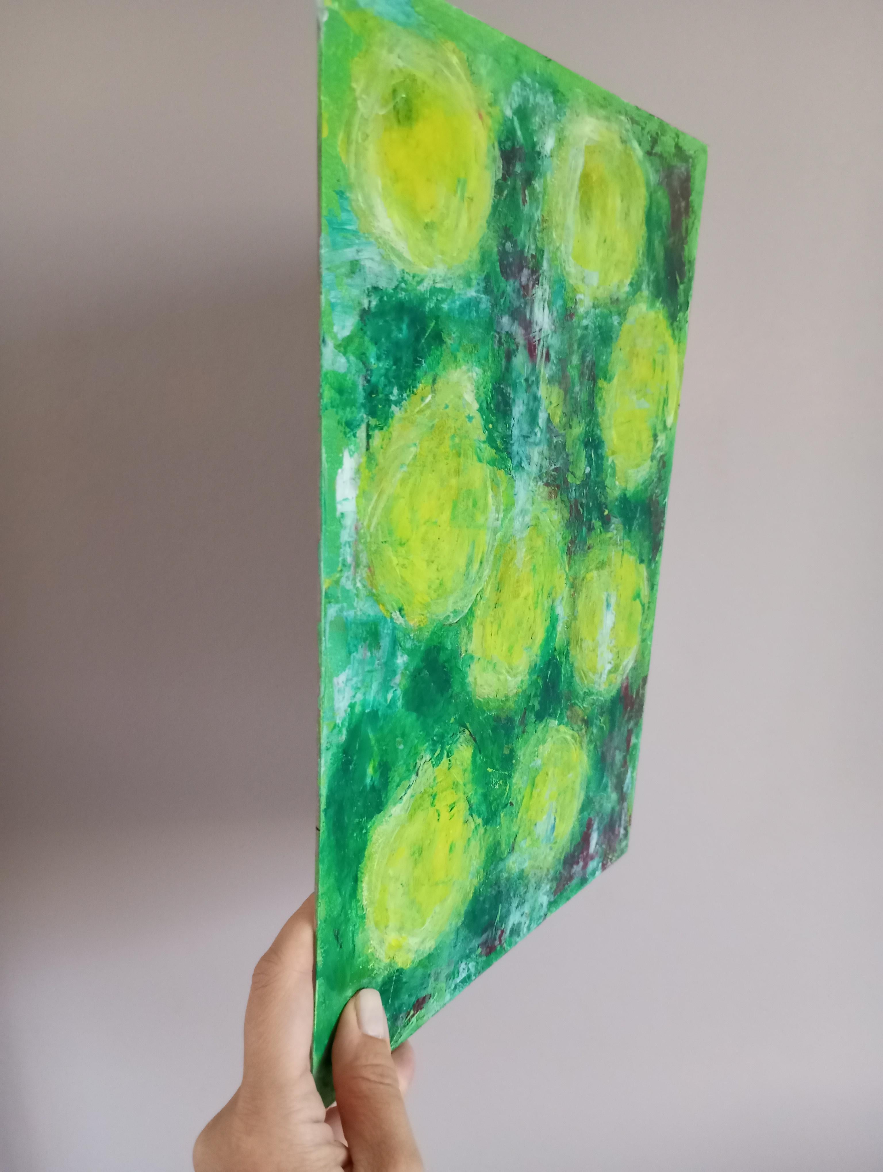 Arte floral expresivo abstracto contemporáneo obra de arte al óleo limones sobre cartón - Painting Impresionista abstracto de Natalya Mougenot 