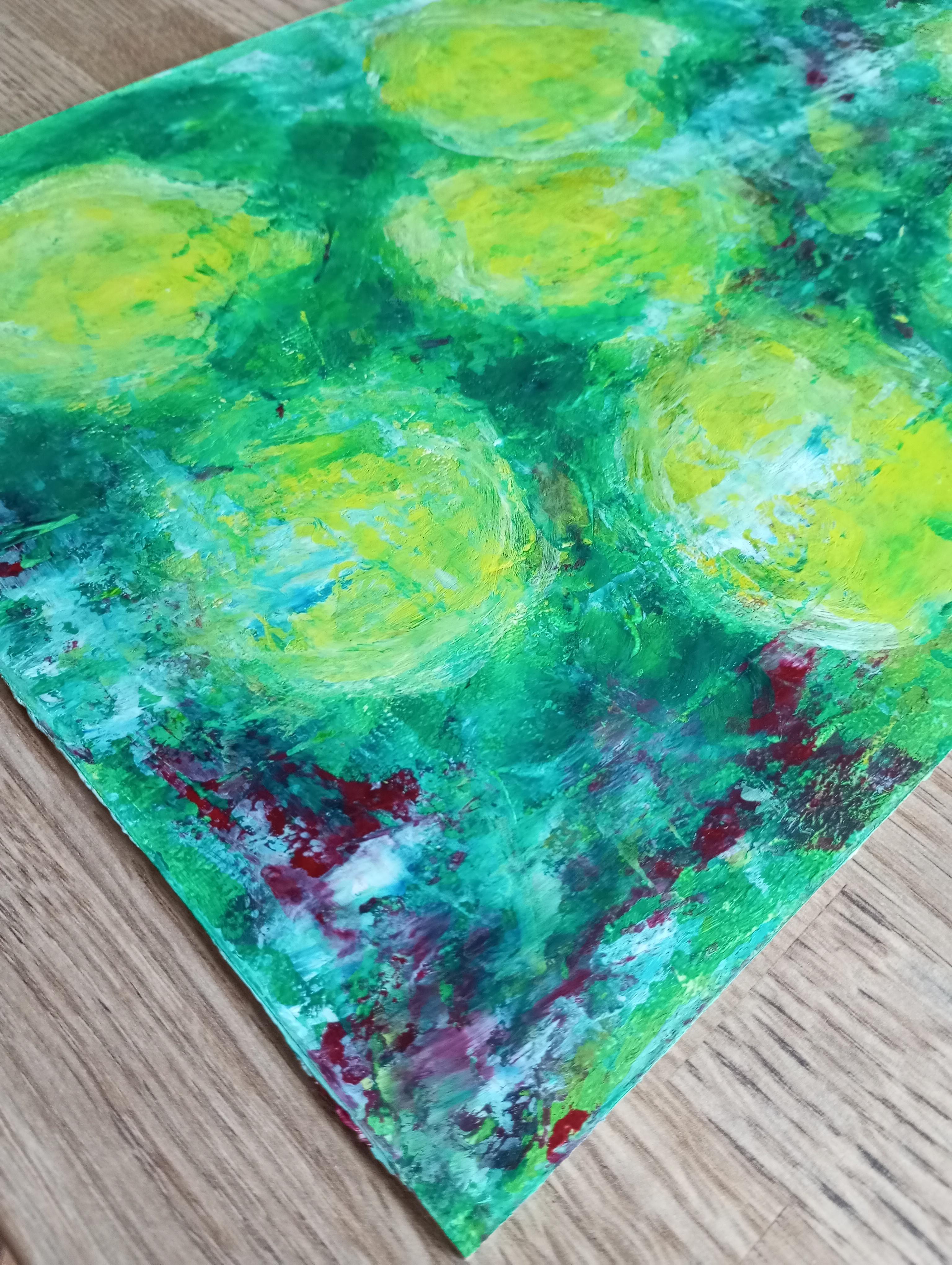Arte floral expresivo abstracto contemporáneo obra de arte al óleo limones sobre cartón en venta 5