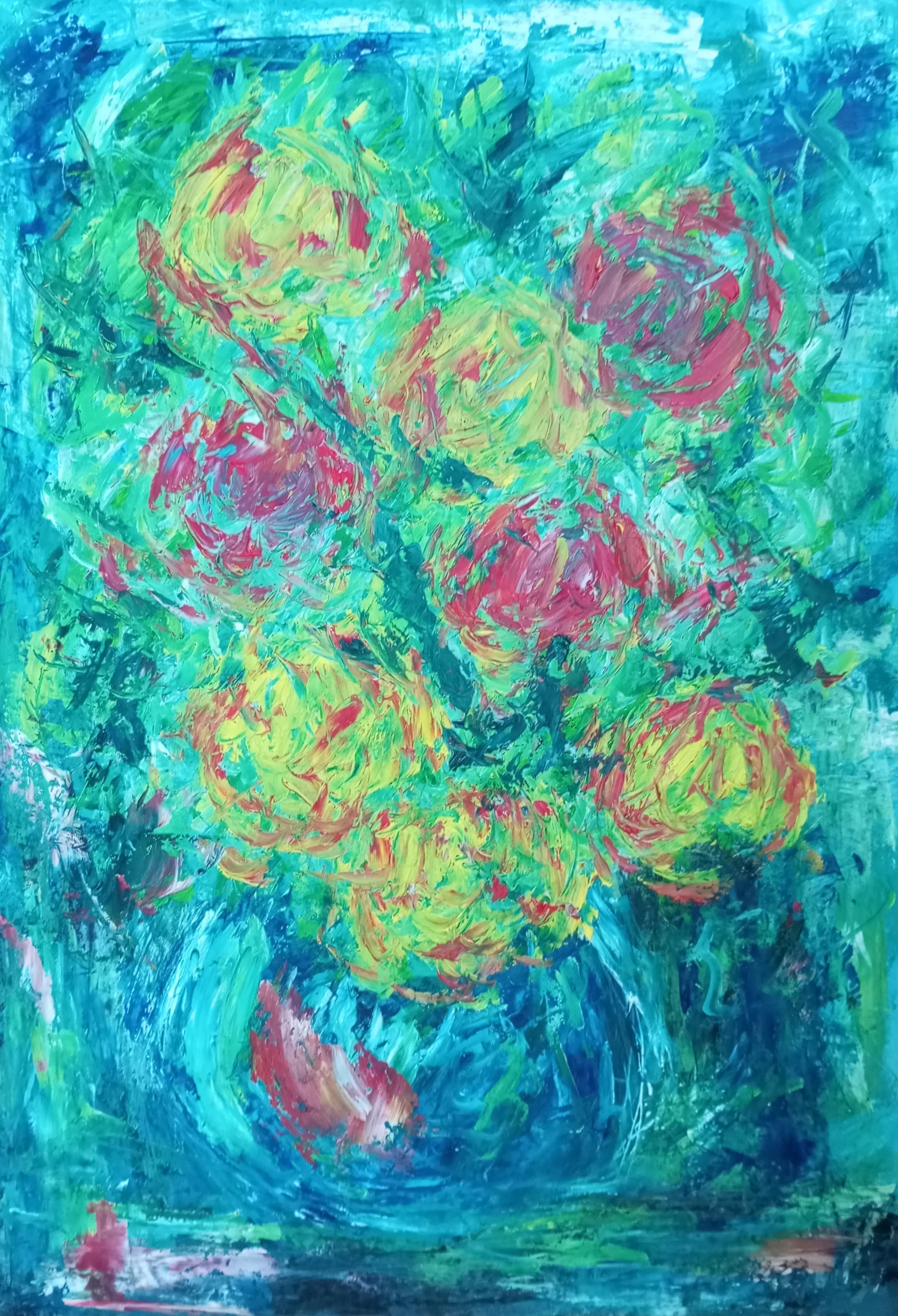 Natalya Mougenot  Still-Life Painting – „Gartengelbe und rote Blumen in einer Vase“