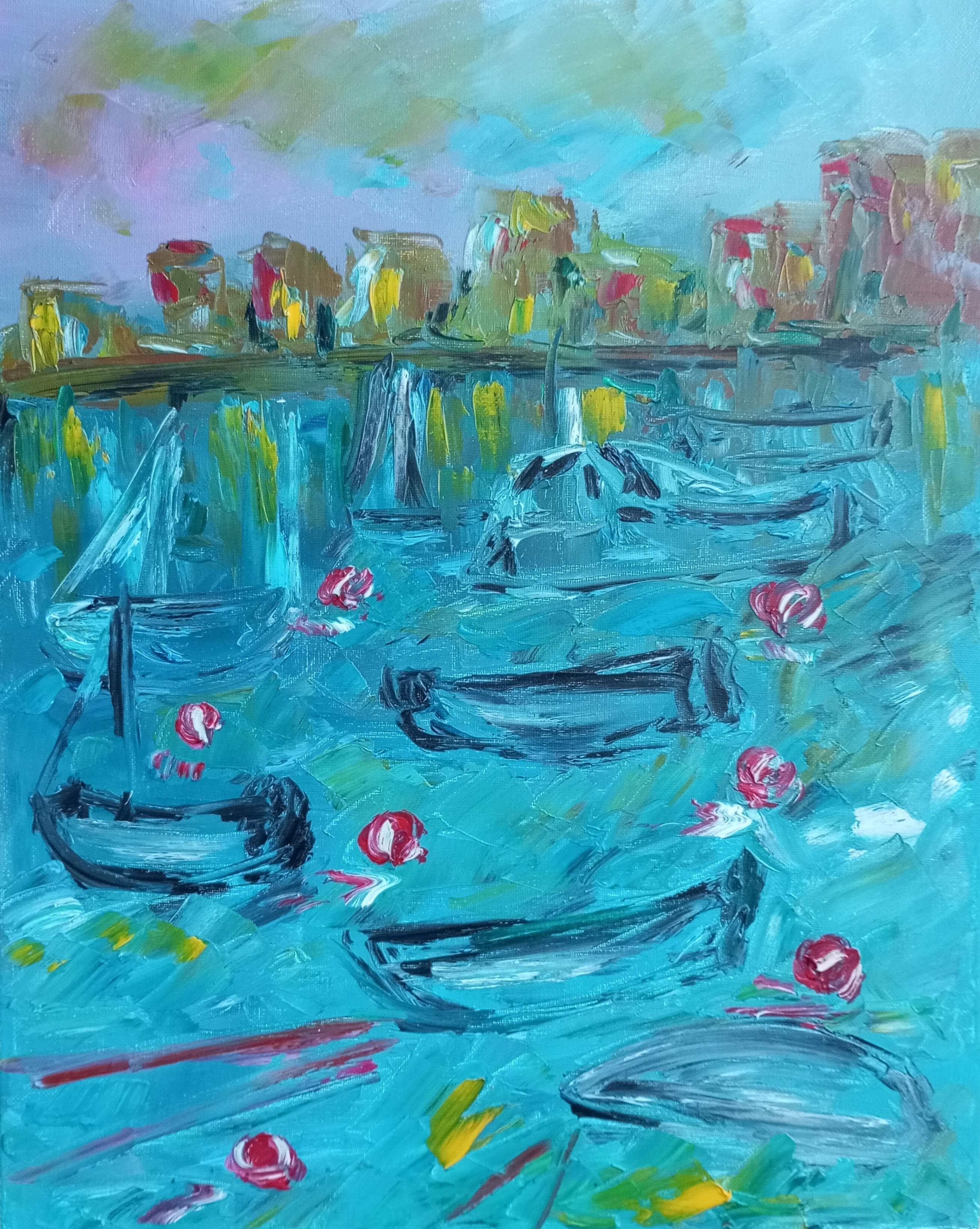 Abstract Painting di Natalya Mougenot  - Dipinto a olio impressionista sul mare "Barche galleggianti sul Mediterraneo
