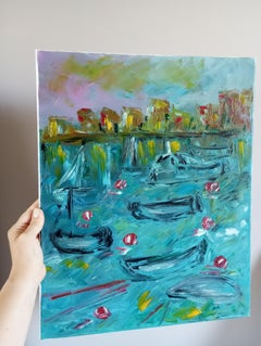 Impressionist seaside oil painting "Floating boats on the Mediterranean sea"