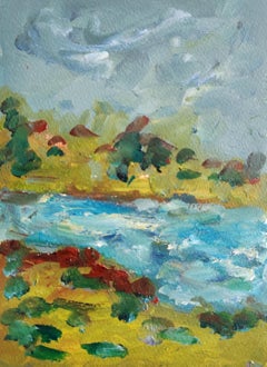 Peinture à l'huile sur papier impressionniste abstraite de nature de bord de mer « La côte française »