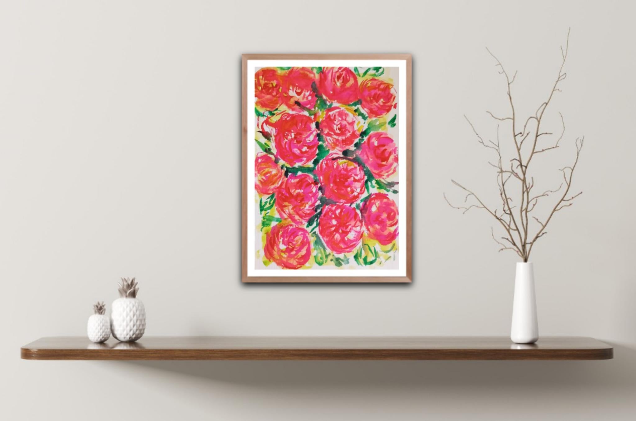 Pintura contemporánea en acuarela de rosas rosas, semiabstracta , arte sobre papel - Art de Natalya Mougenot 
