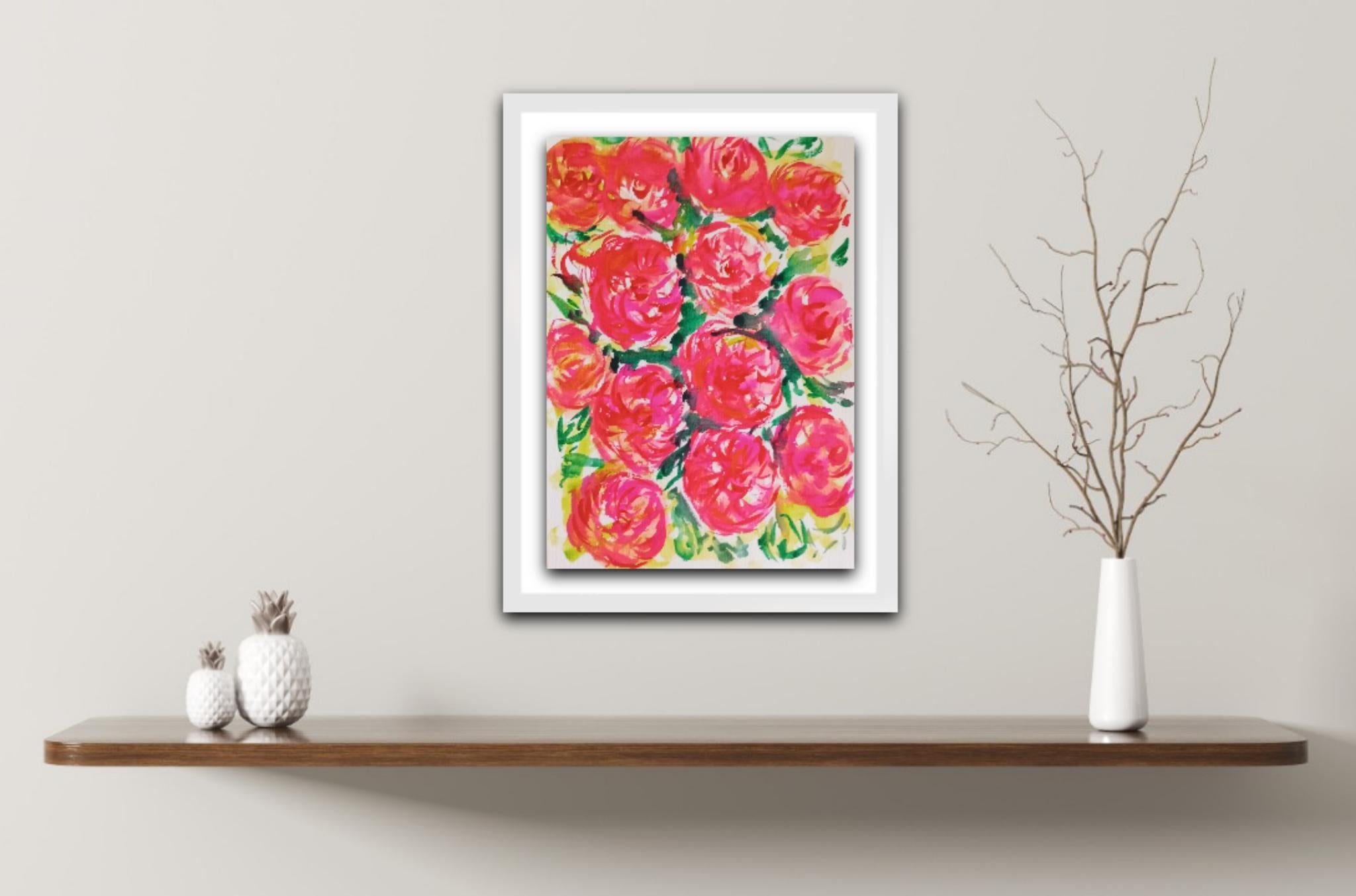 Pintura contemporánea en acuarela de rosas rosas, semiabstracta , arte sobre papel - Abstract Drawing Rosa de Natalya Mougenot 