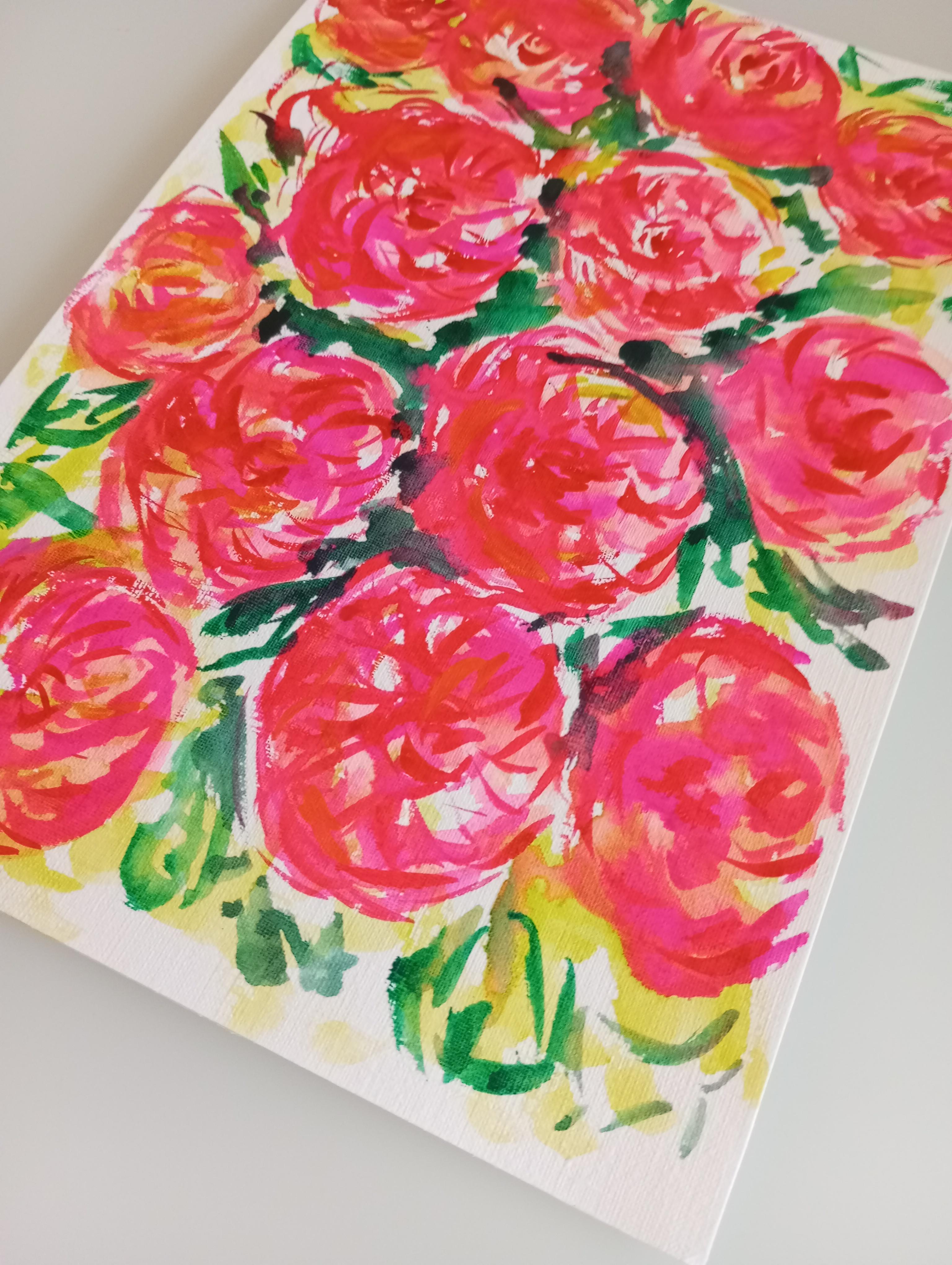 Pintura contemporánea en acuarela de rosas rosas, semiabstracta , arte sobre papel en venta 5