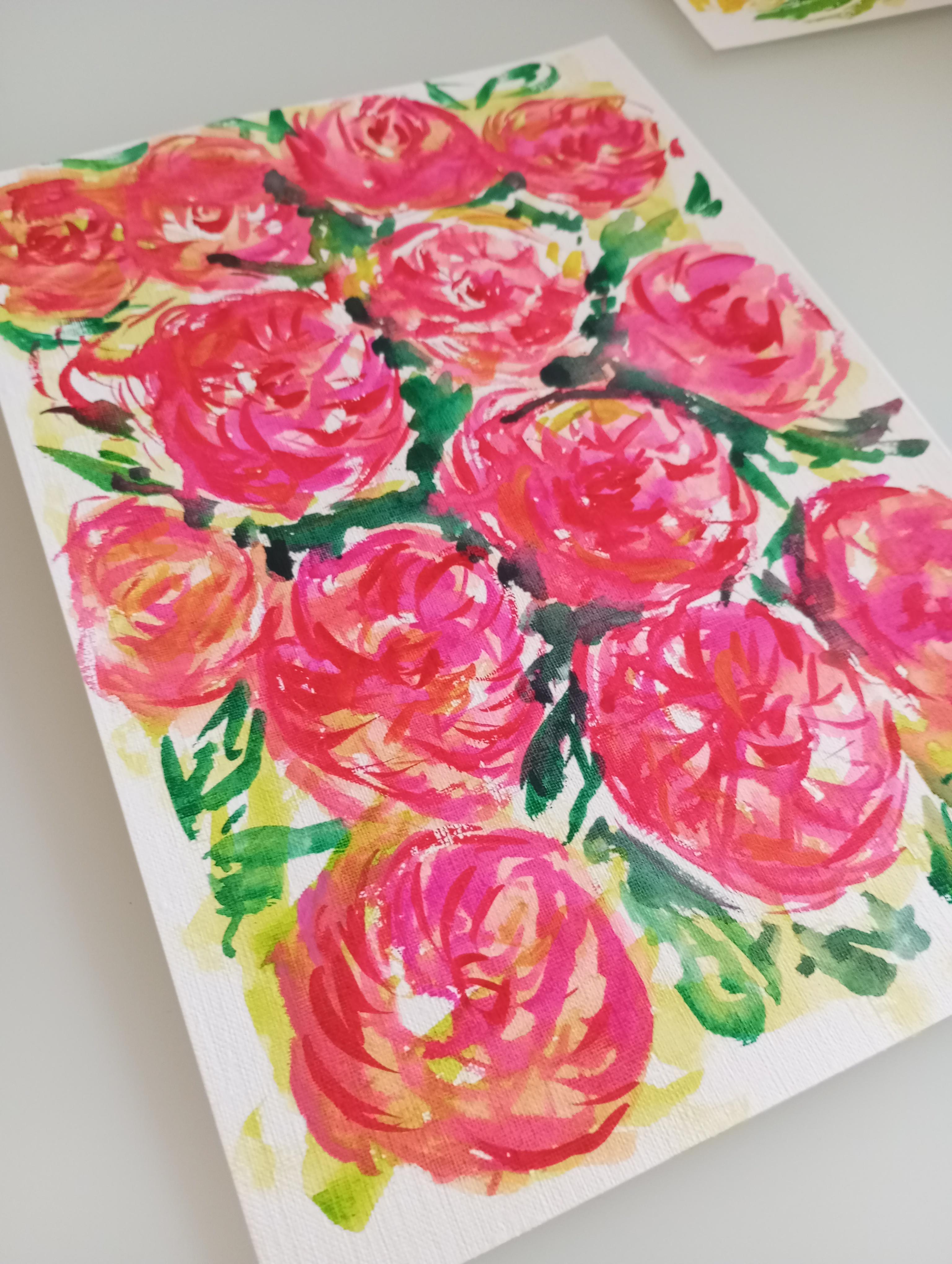 Pintura contemporánea en acuarela de rosas rosas, semiabstracta , arte sobre papel en venta 4