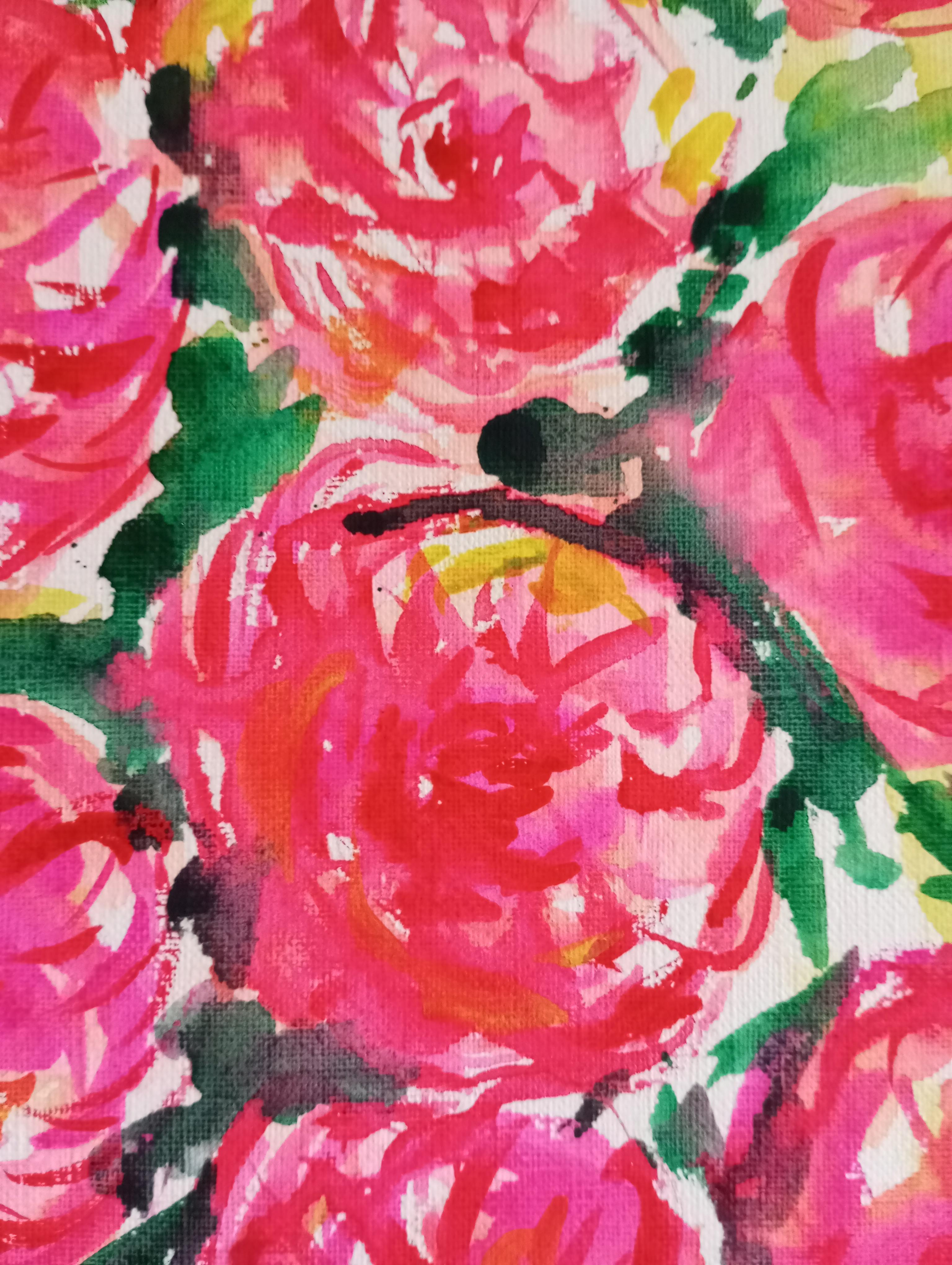Pintura contemporánea en acuarela de rosas rosas, semiabstracta , arte sobre papel en venta 2