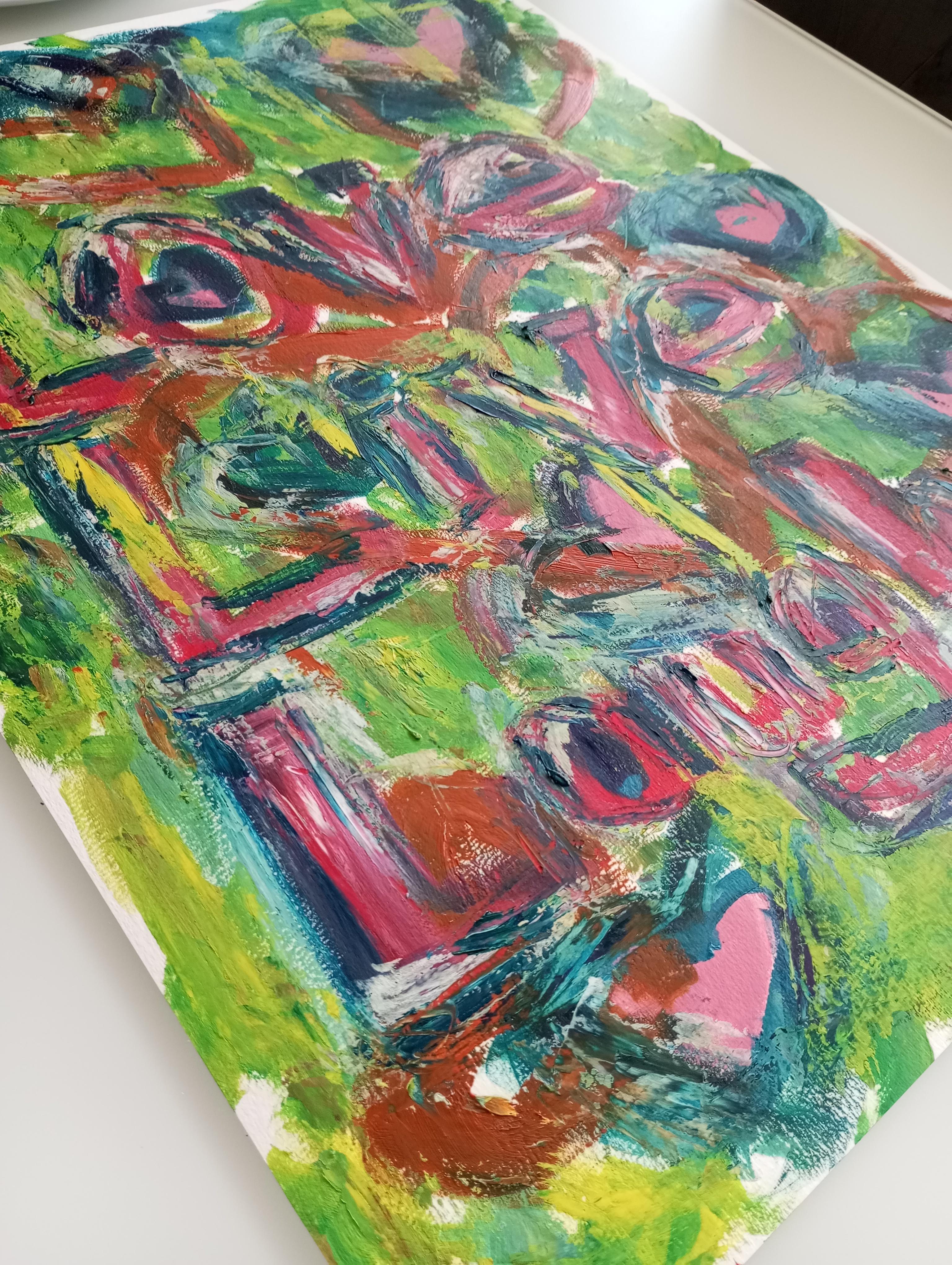 This oil painting, created by French artist Natalya Mougenot, embodies her philosophy that life is rooted in love and laughter, which help us overcome life's challenges. Far beyond a simple decorative piece with three words, it conveys a profound
