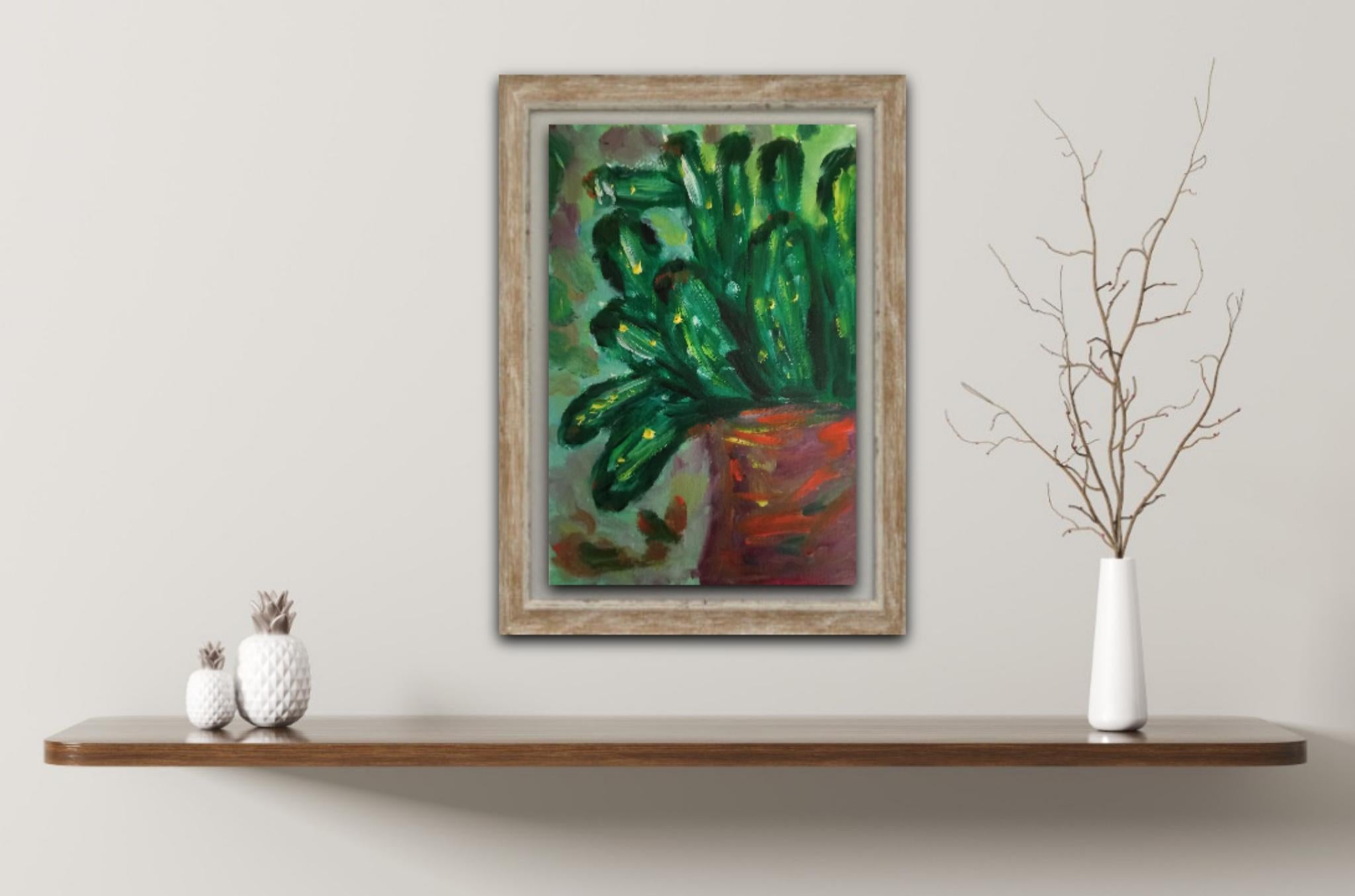 Contemporary original Art Brut Naïve Cactus oil painting on paper - Painting by Natalya Mougenot 