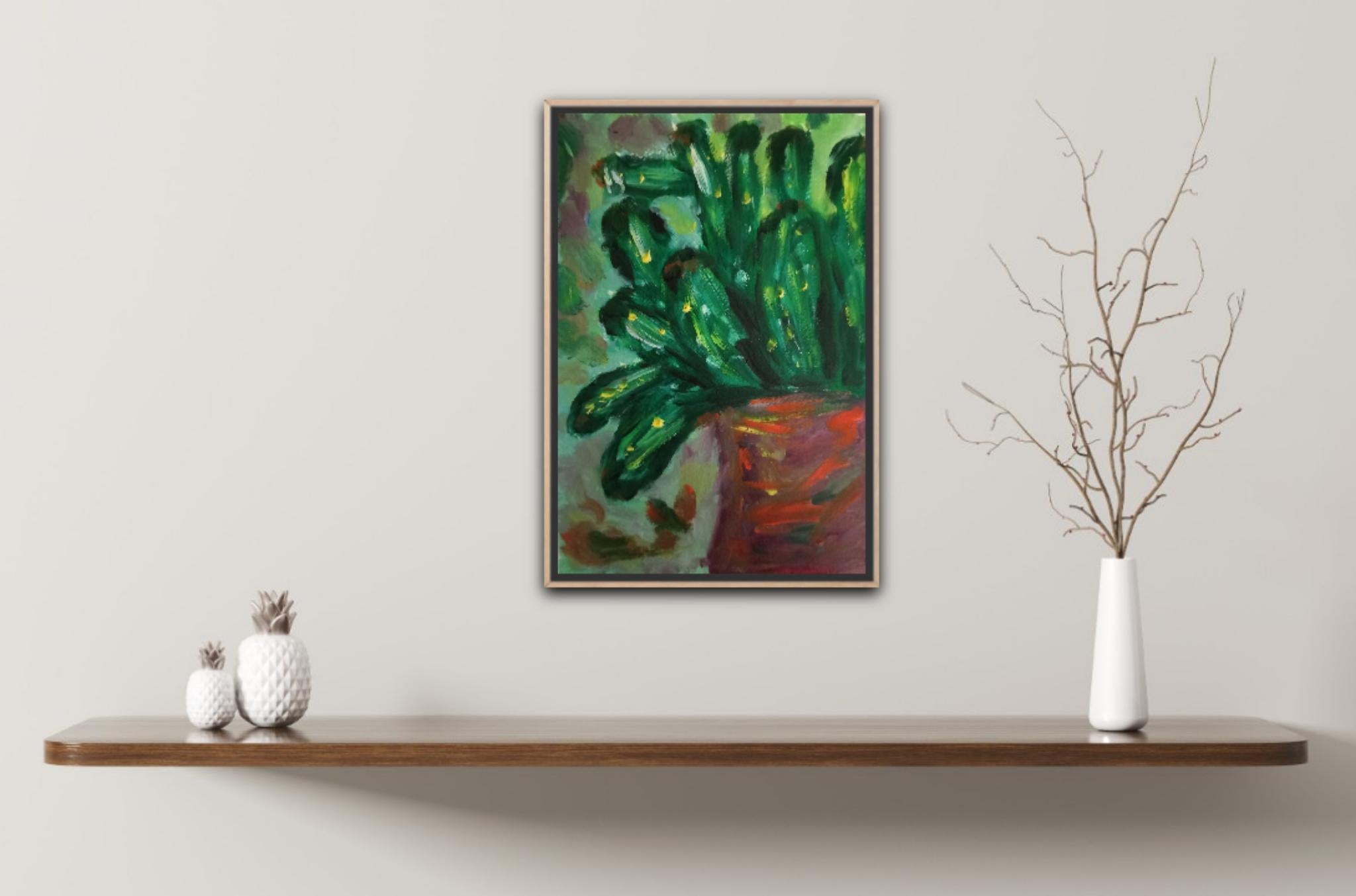 Contemporary original Art Brut Naïve Cactus oil painting on paper For Sale 1