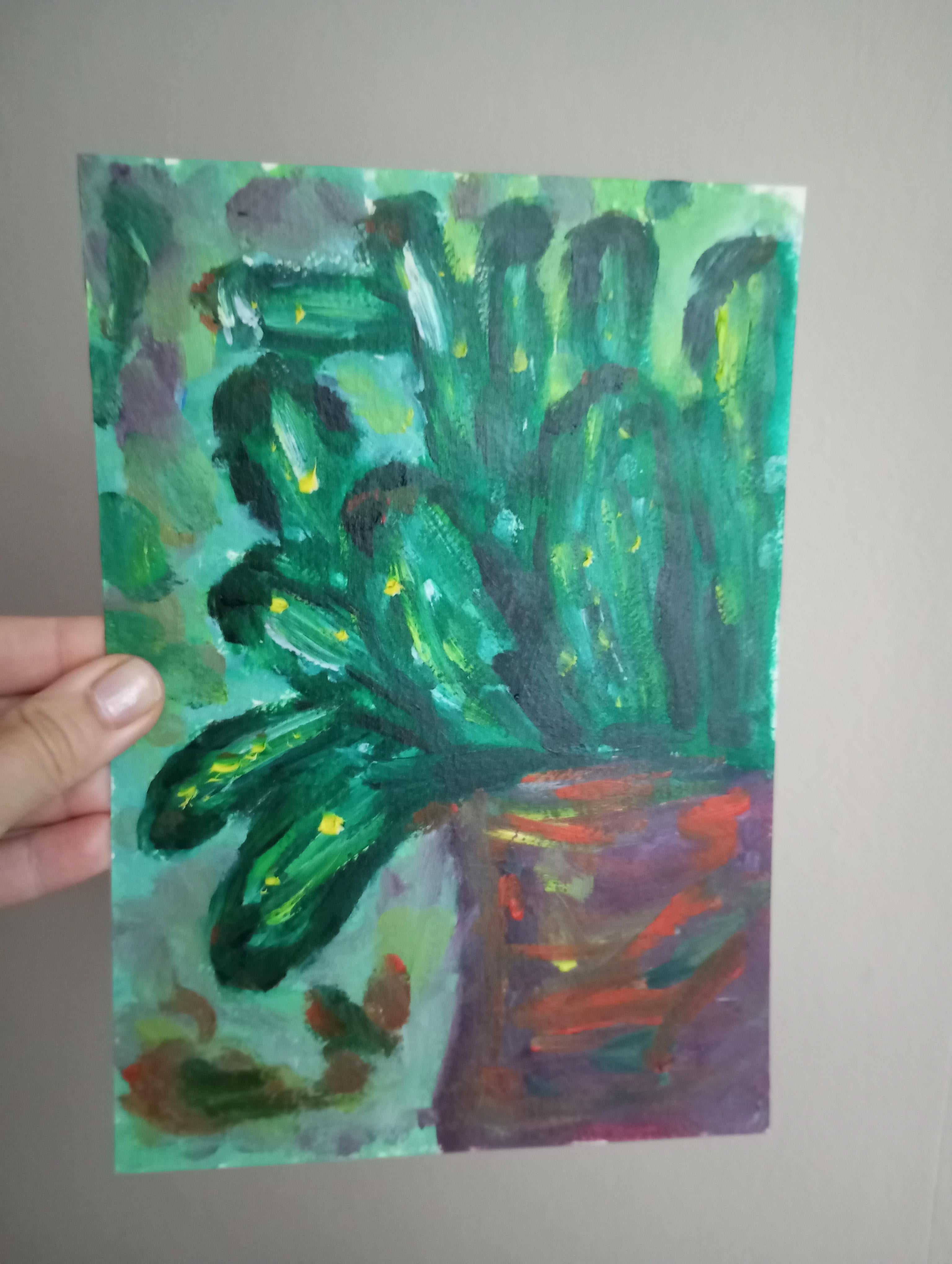 Contemporary original Art Brut Naïve Cactus oil painting on paper For Sale 7