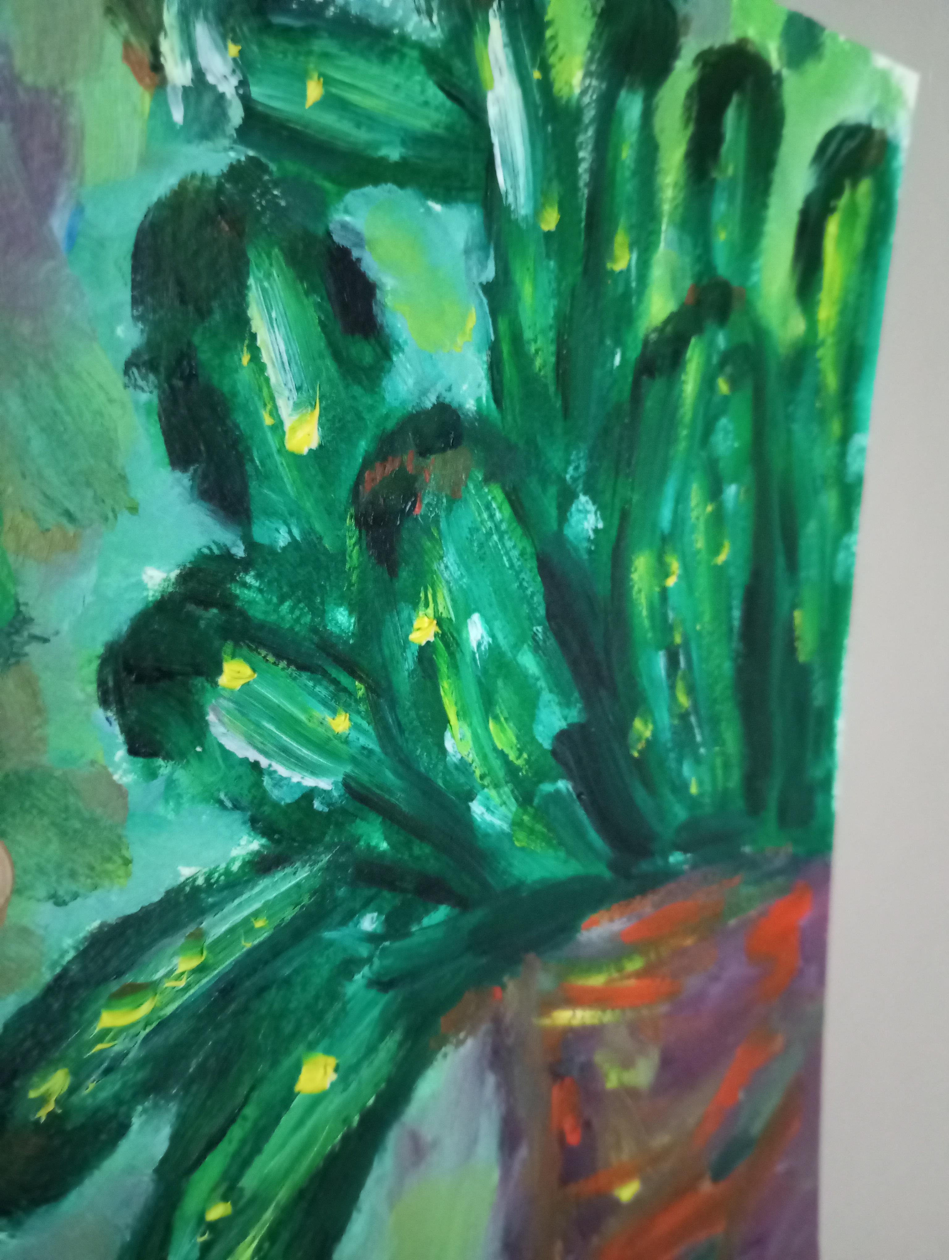 Contemporary original Art Brut Naïve Cactus oil painting on paper For Sale 5