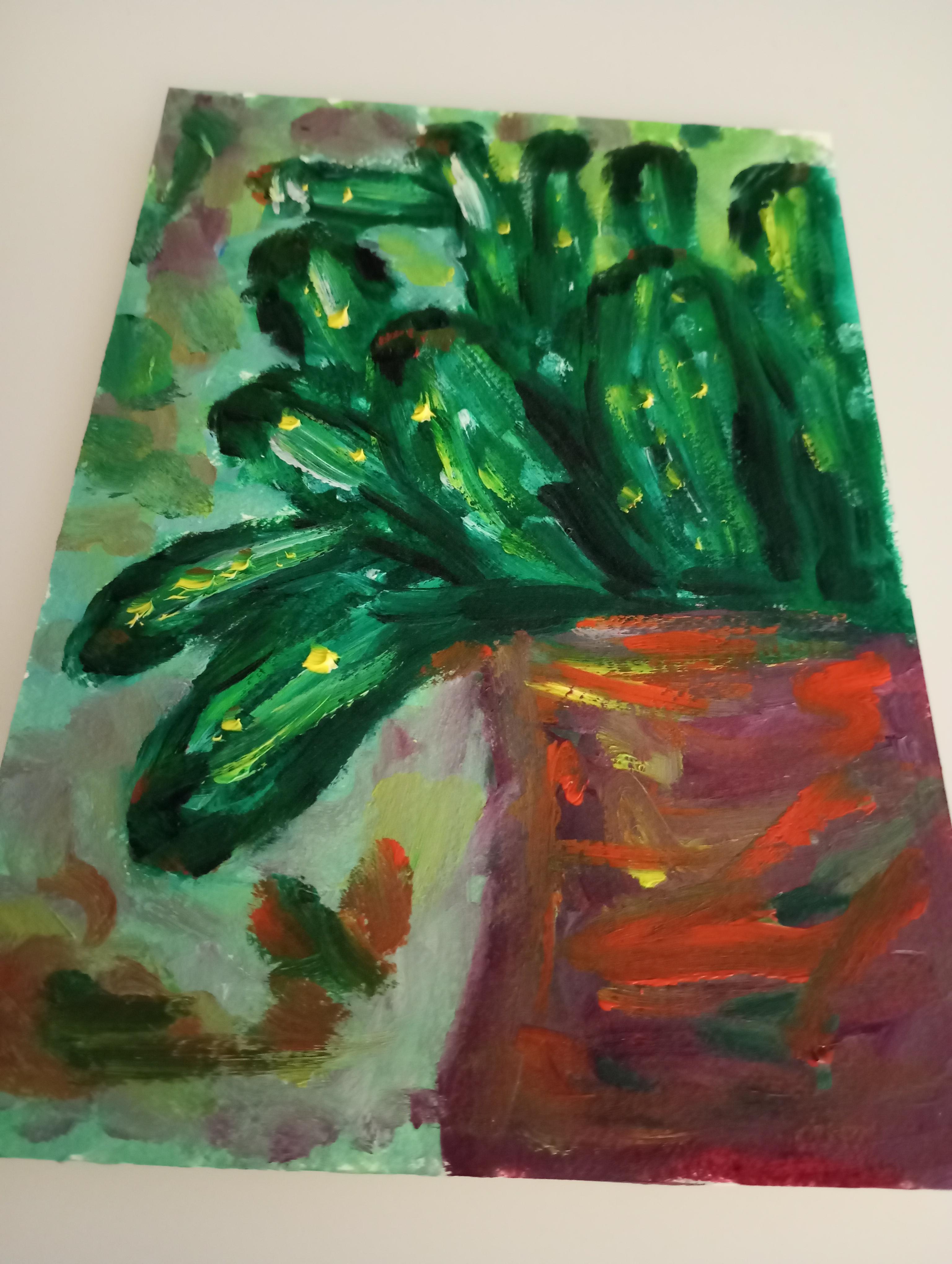 Contemporary original Art Brut Naïve Cactus oil painting on paper For Sale 10