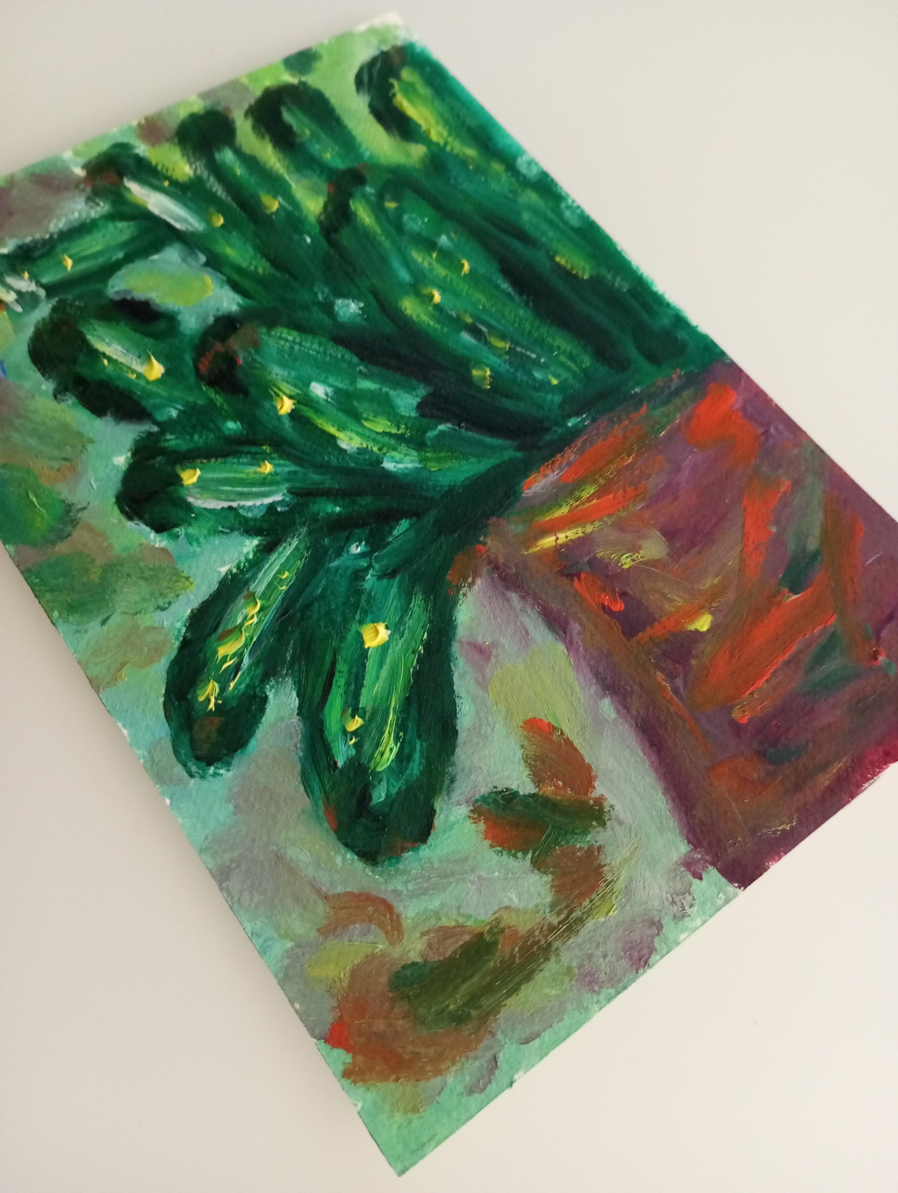 Contemporary original Art Brut Naïve Cactus oil painting on paper For Sale 11