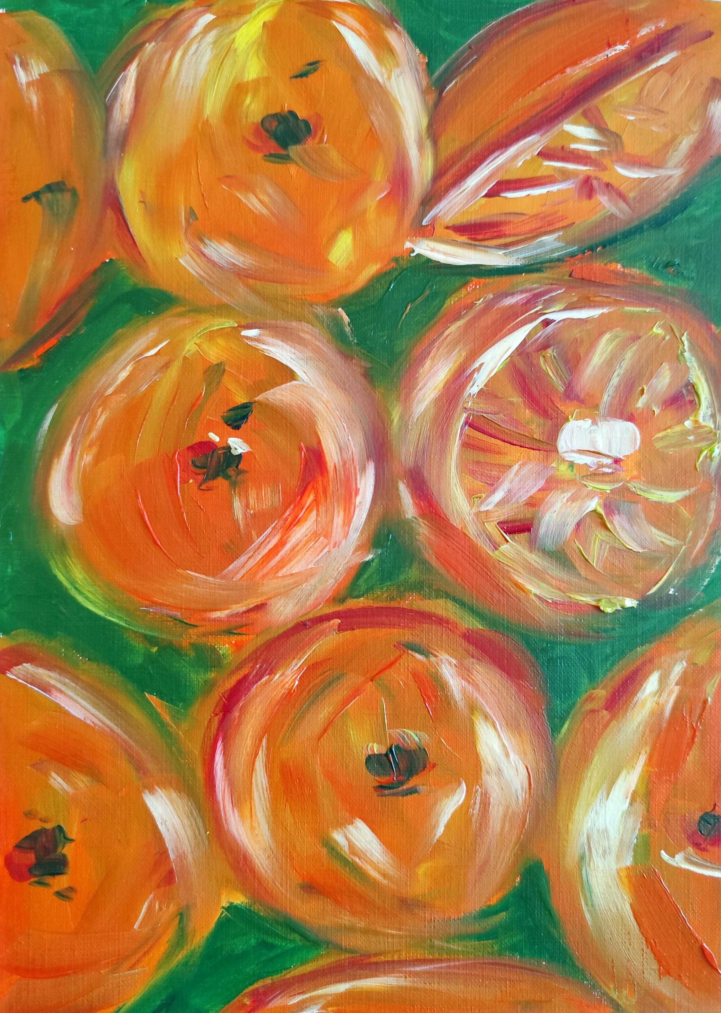 Figurative Painting de Natalya Mougenot  - Óleo expresivo impresionista contemporáneo sobre papel  "Sólo naranjas"