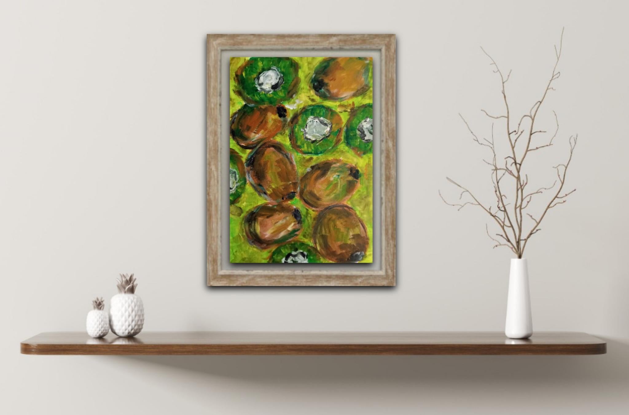 „Just kiwi“ kleines Ölgemälde auf Papier – Painting von Natalya Mougenot 