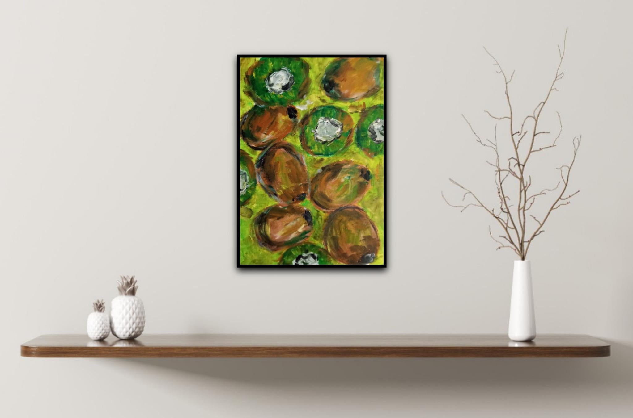 „Just kiwi“ kleines Ölgemälde auf Papier im Angebot 2