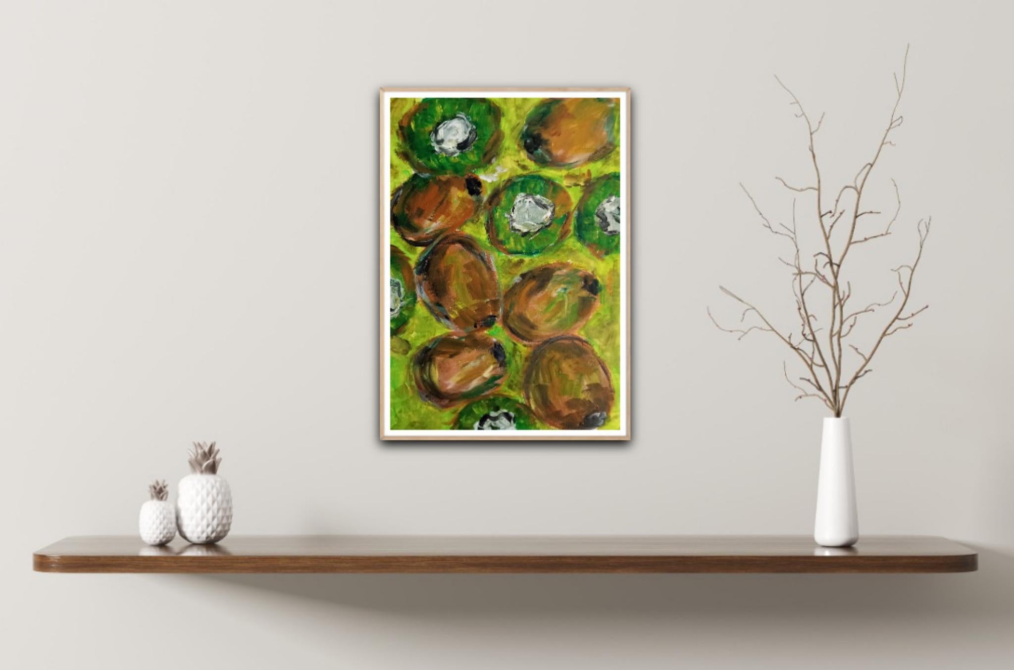 „Just kiwi“ kleines Ölgemälde auf Papier im Angebot 1