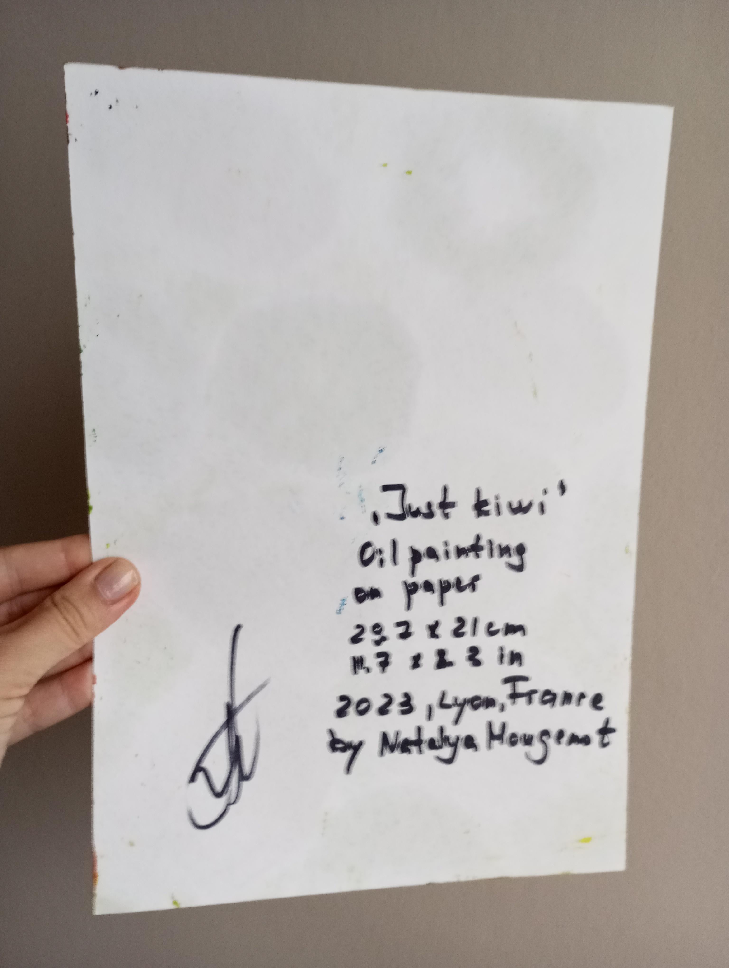 „Just kiwi“ kleines Ölgemälde auf Papier im Angebot 3