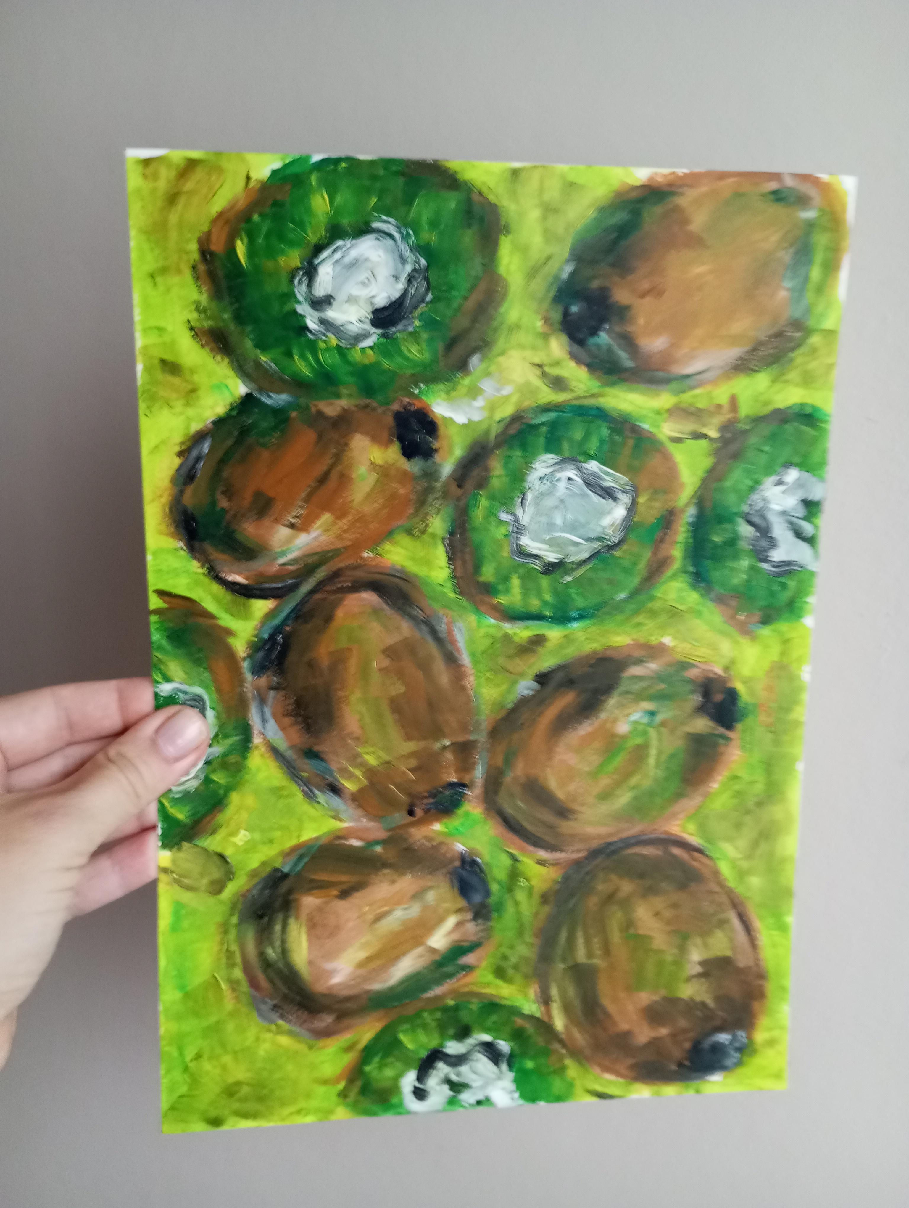 „Just kiwi“ kleines Ölgemälde auf Papier im Angebot 5
