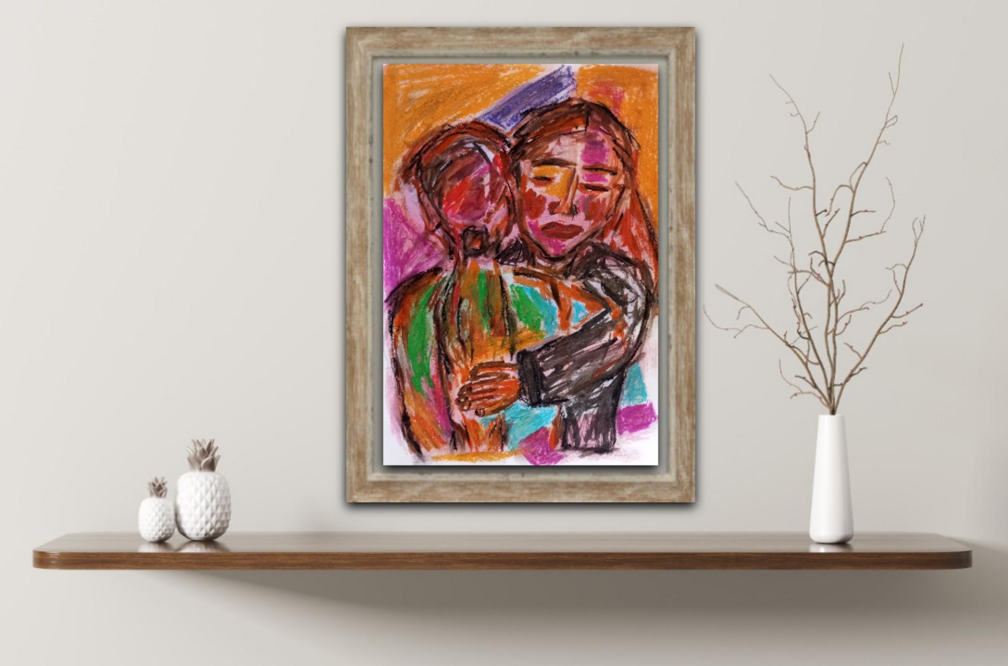 Two women hugging each other painting on paper 