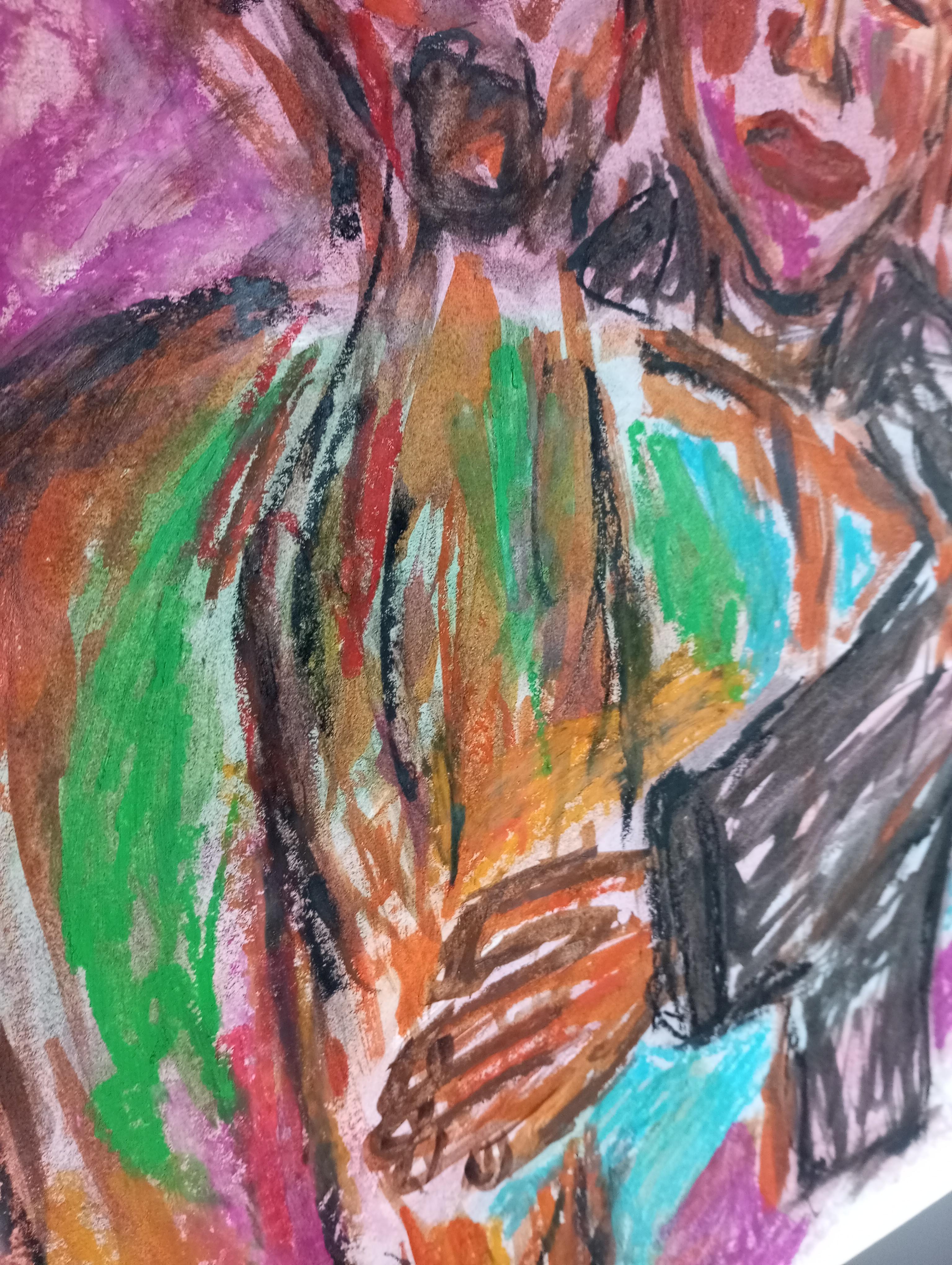 Two women hugging each other painting on paper 