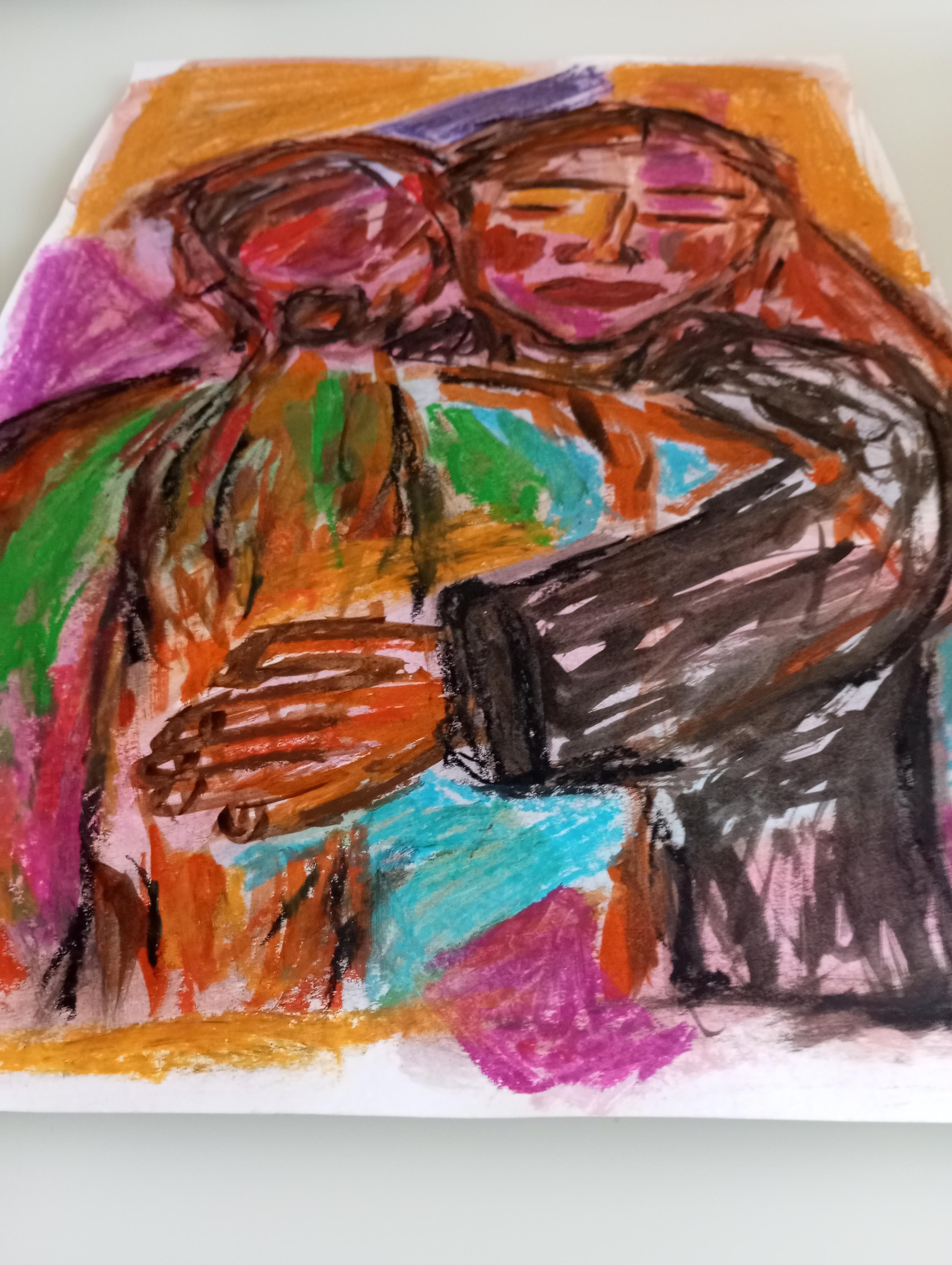 Contemporary figurative art oil pastels painting portrait two women on paper For Sale 9