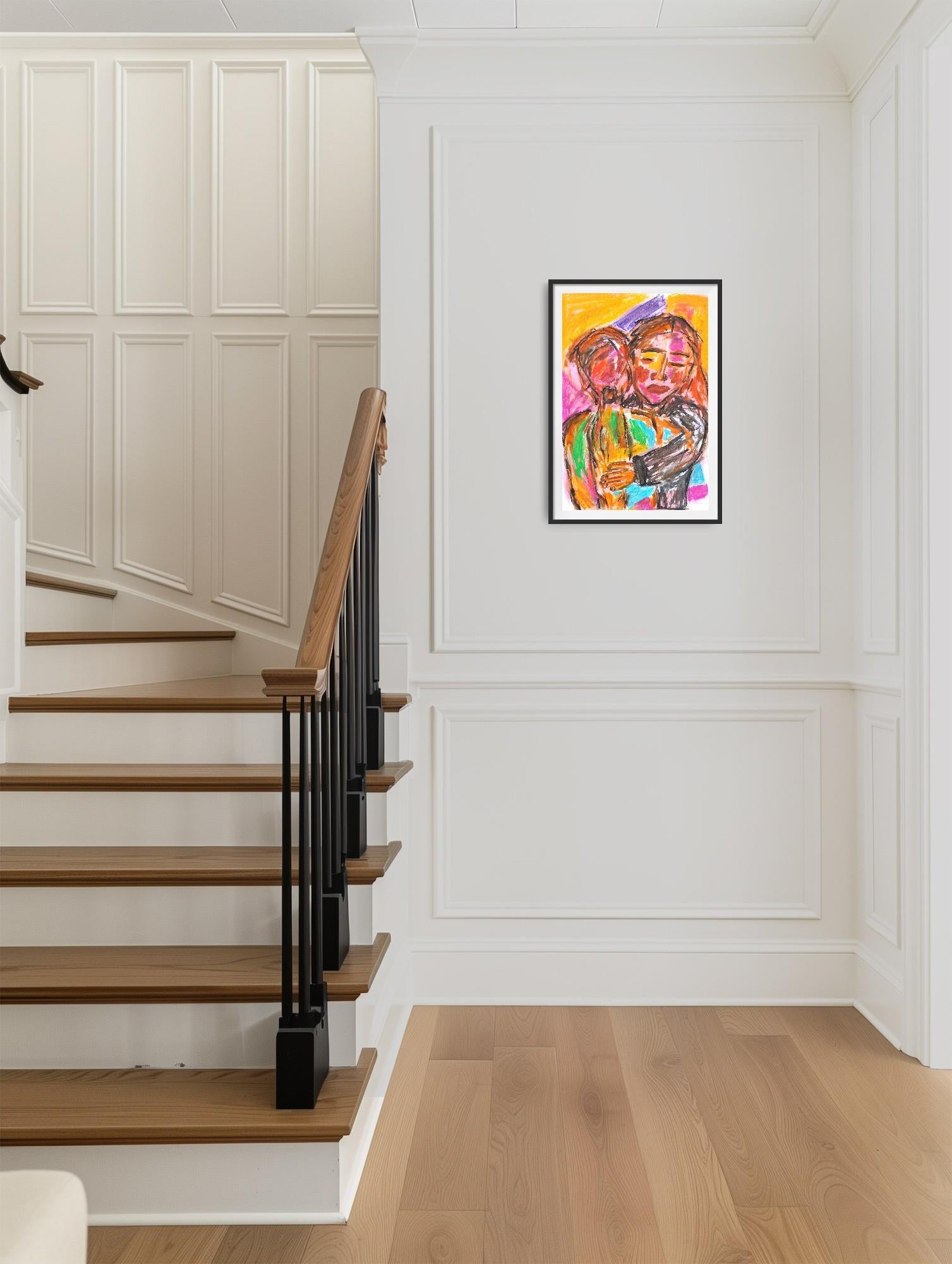 Contemporary figurative art oil pastels painting portrait two women on paper For Sale 15