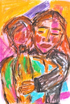 Contemporary figurative art oil pastels painting portrait two women on paper