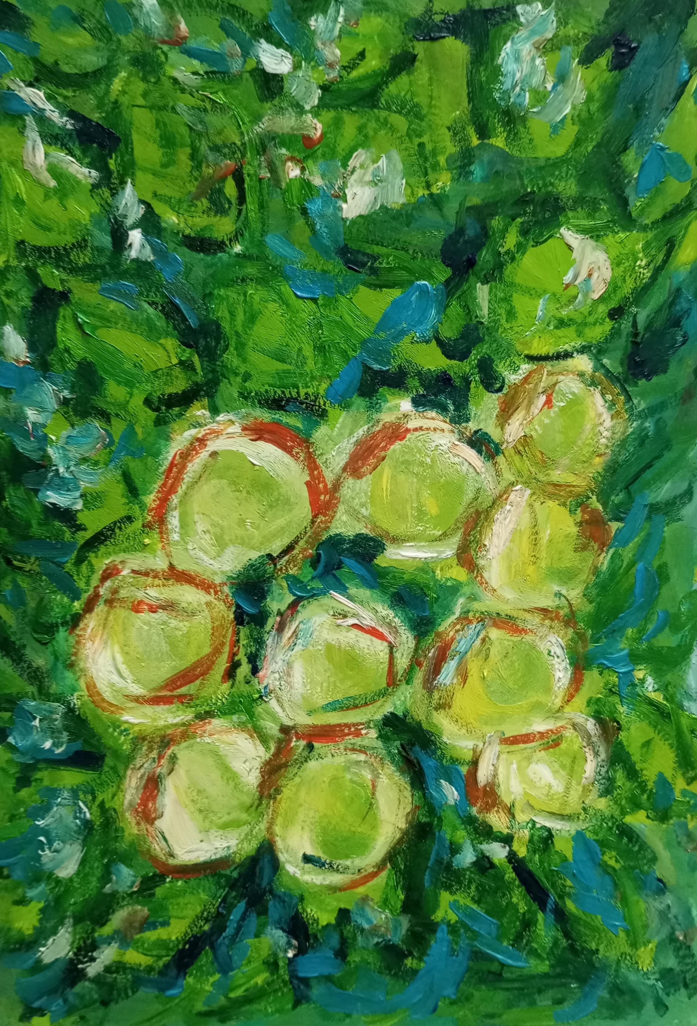 Abstract Painting Natalya Mougenot  - Peinture impressionniste contemporaine expressive à l'huile sur papier "Jardin citronniers".