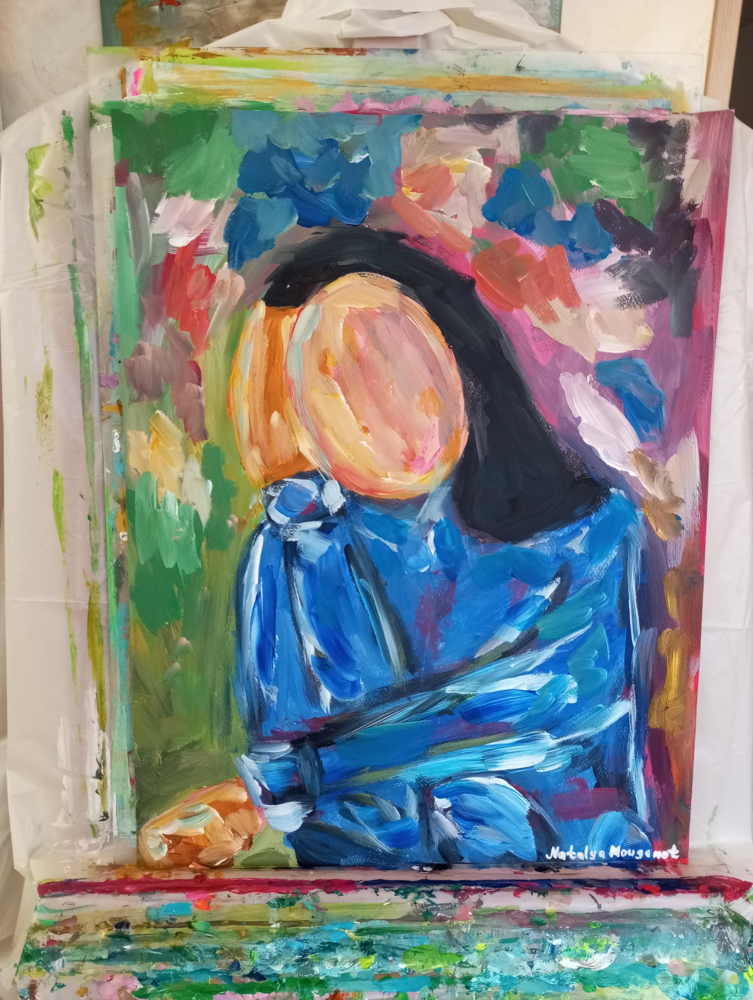 Retrato contemporáneo abstracto figurativo acrílico de mujer sobre papel 
