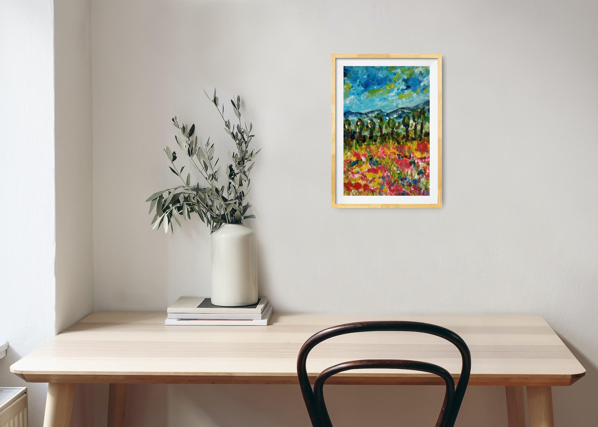 Questo dipinto di paesaggio  con colori vivaci come il rosso, il giallo, il verde e il blu, dal titolo 