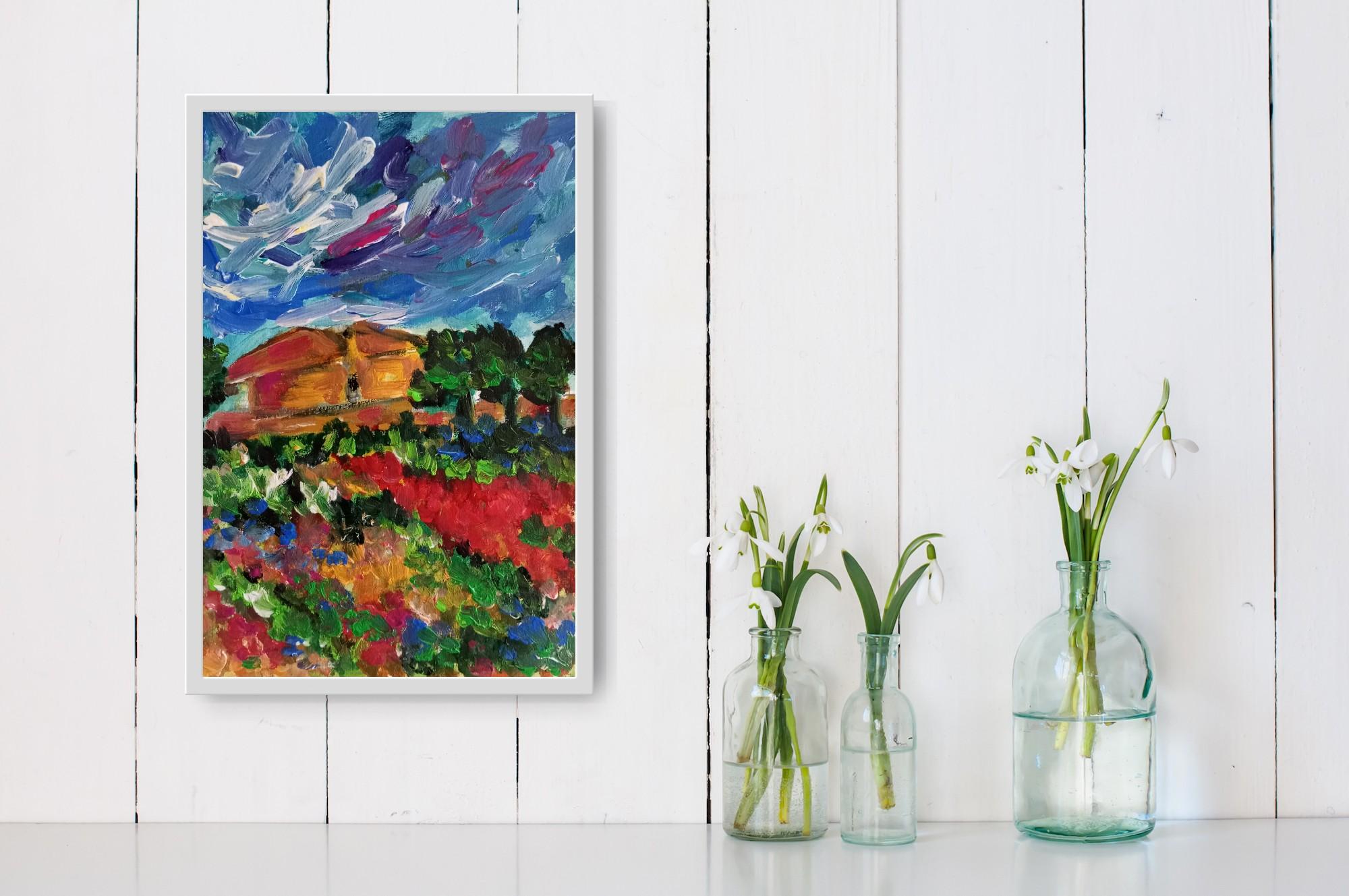 Contemporary colorful impressionist nature painting on paper 