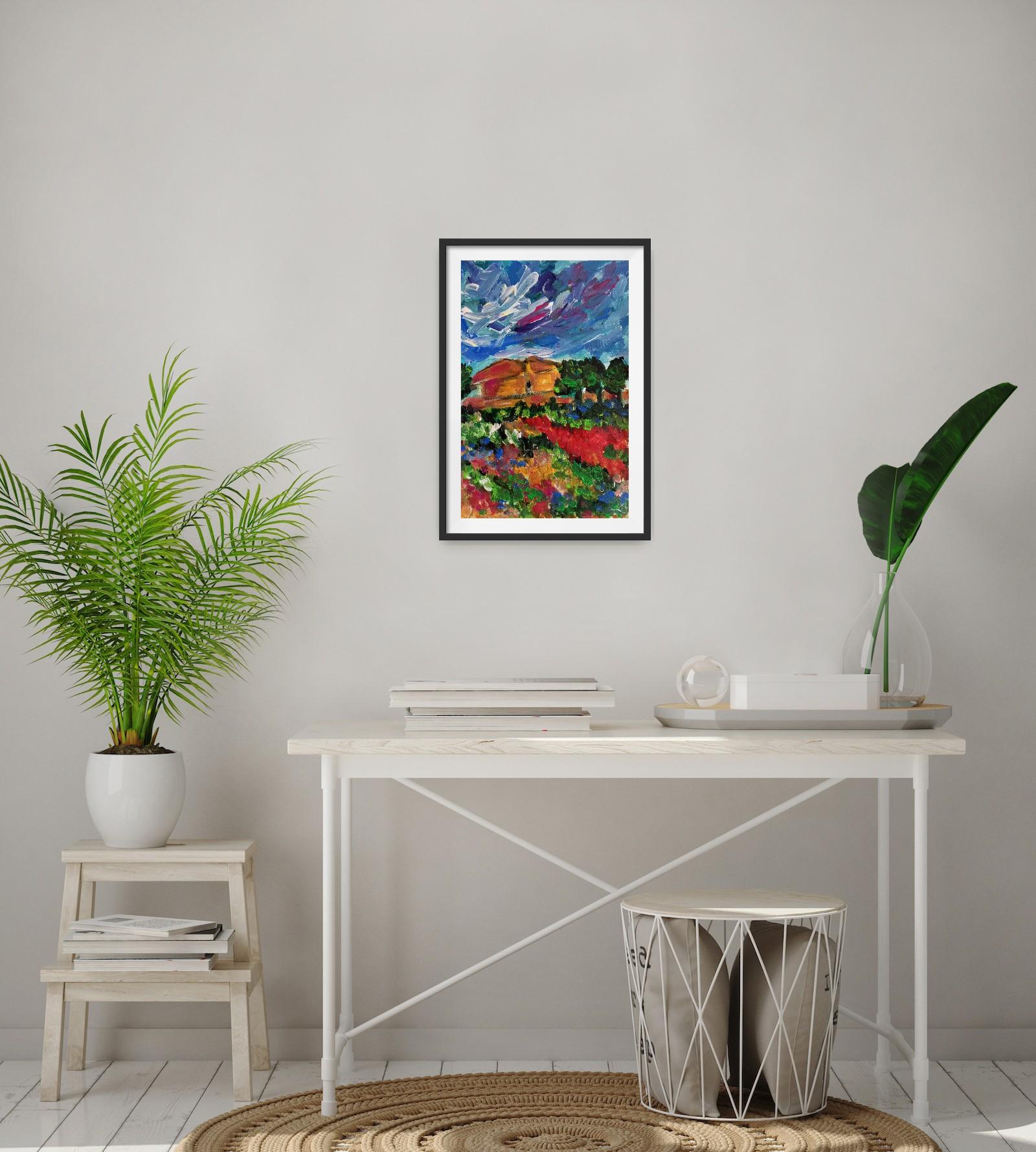 Contemporary colorful impressionist nature painting on paper 