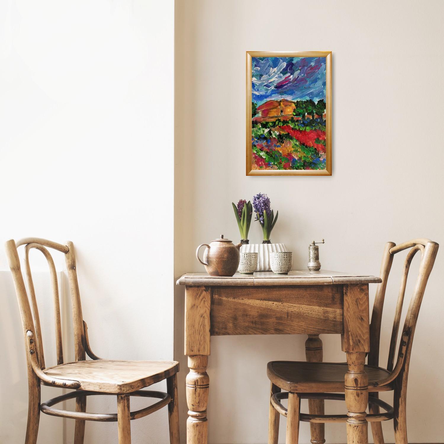 Contemporary colorful impressionist nature painting on paper 