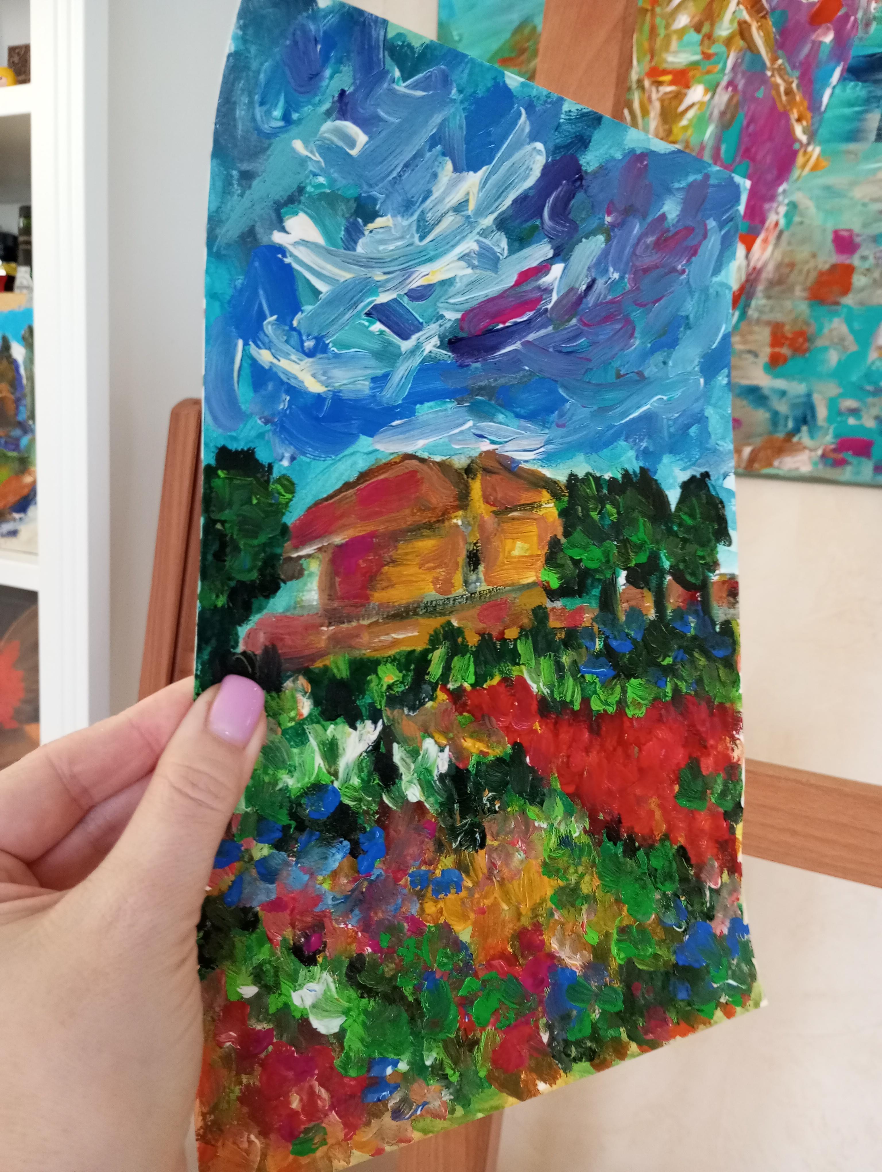 Contemporary colorful impressionist nature painting on paper 