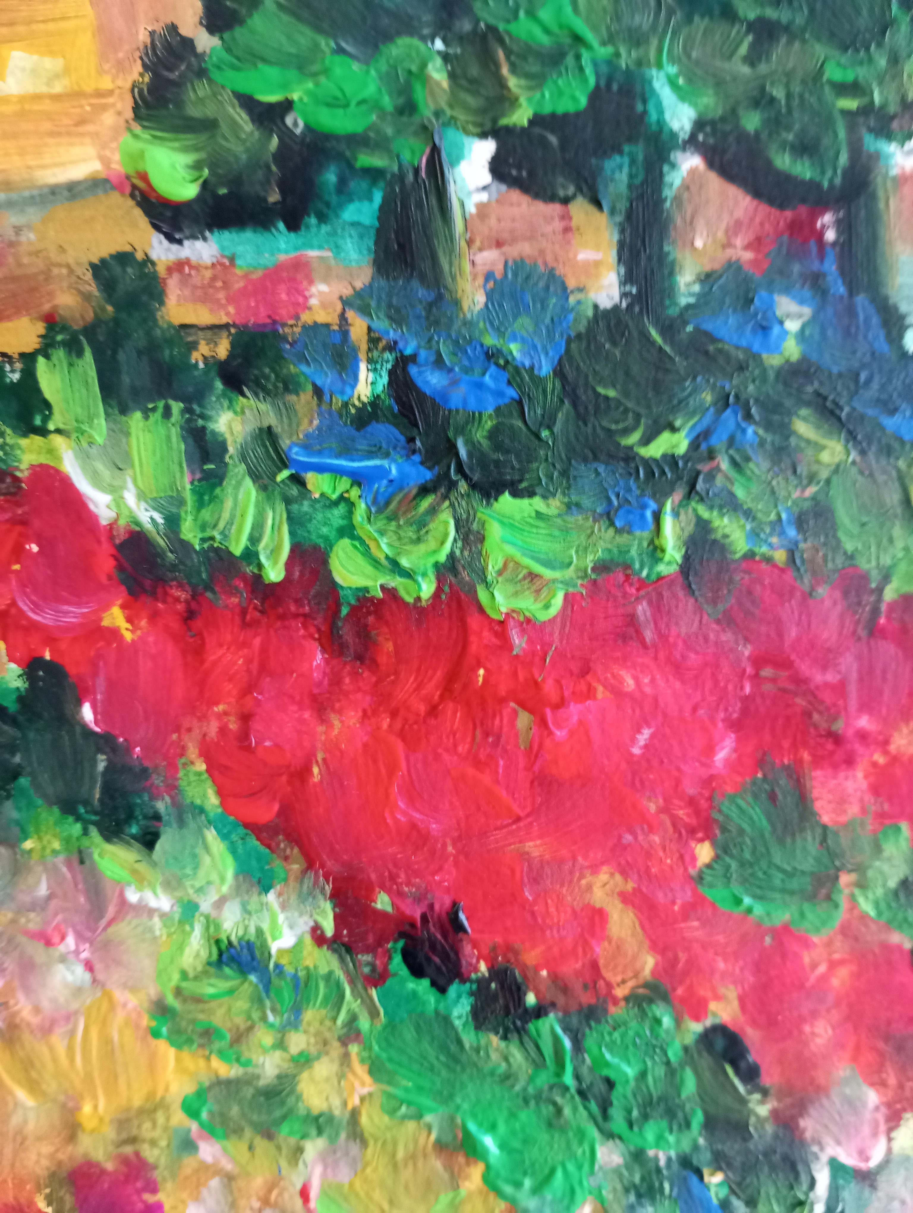 Contemporary colorful impressionist nature painting on paper 