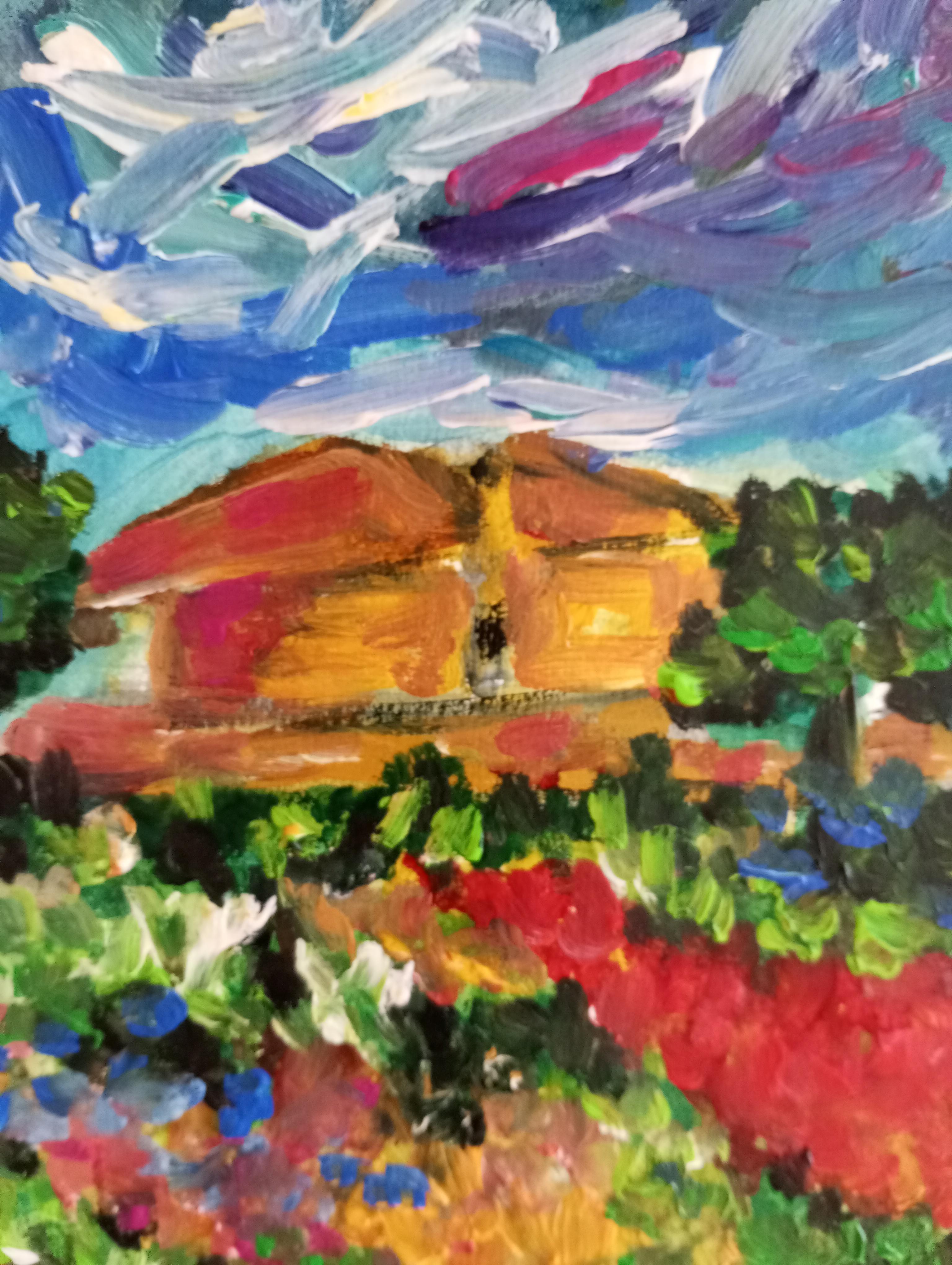 Contemporary colorful impressionist nature painting on paper 