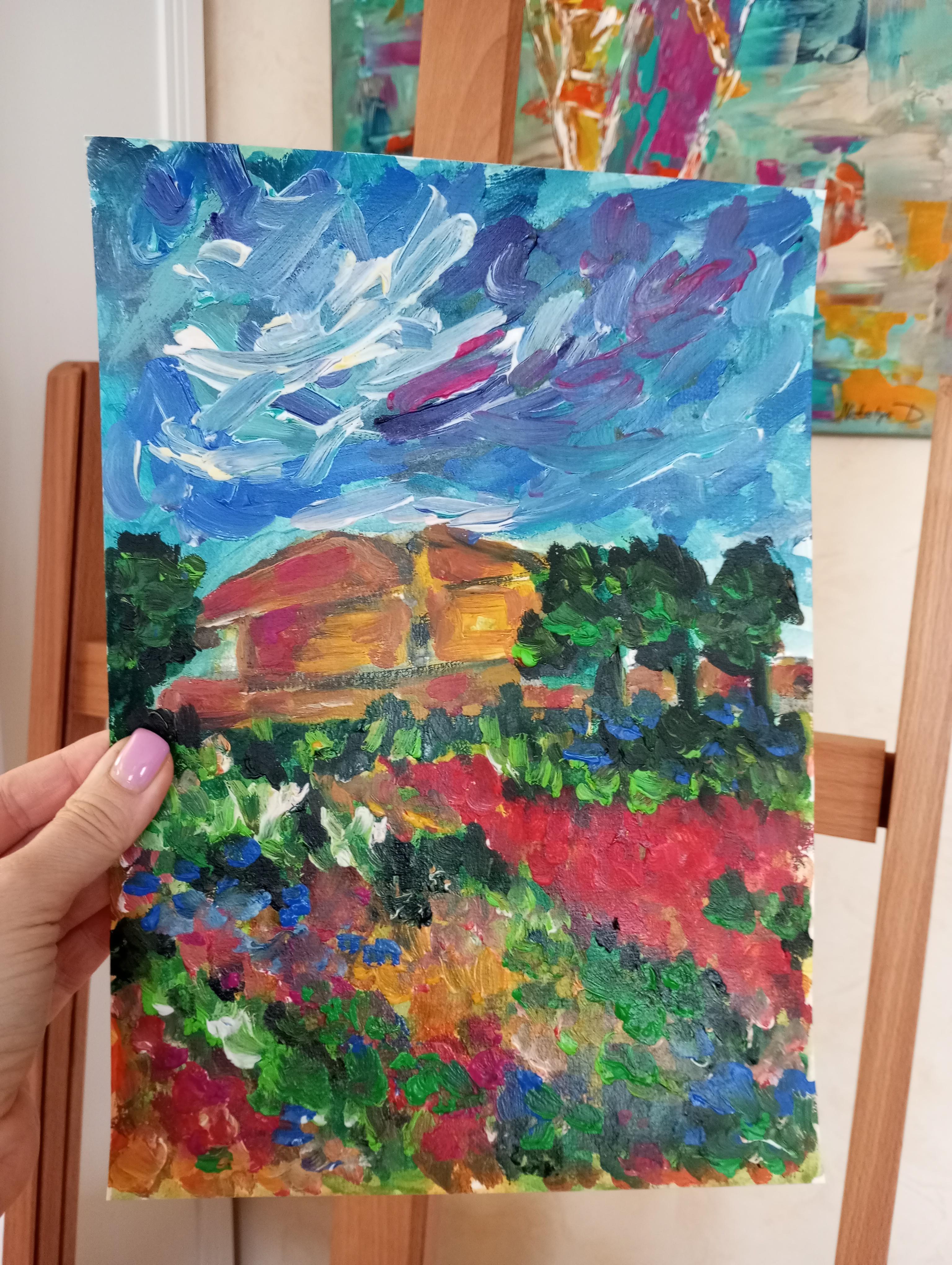 Contemporary colorful impressionist nature painting on paper 