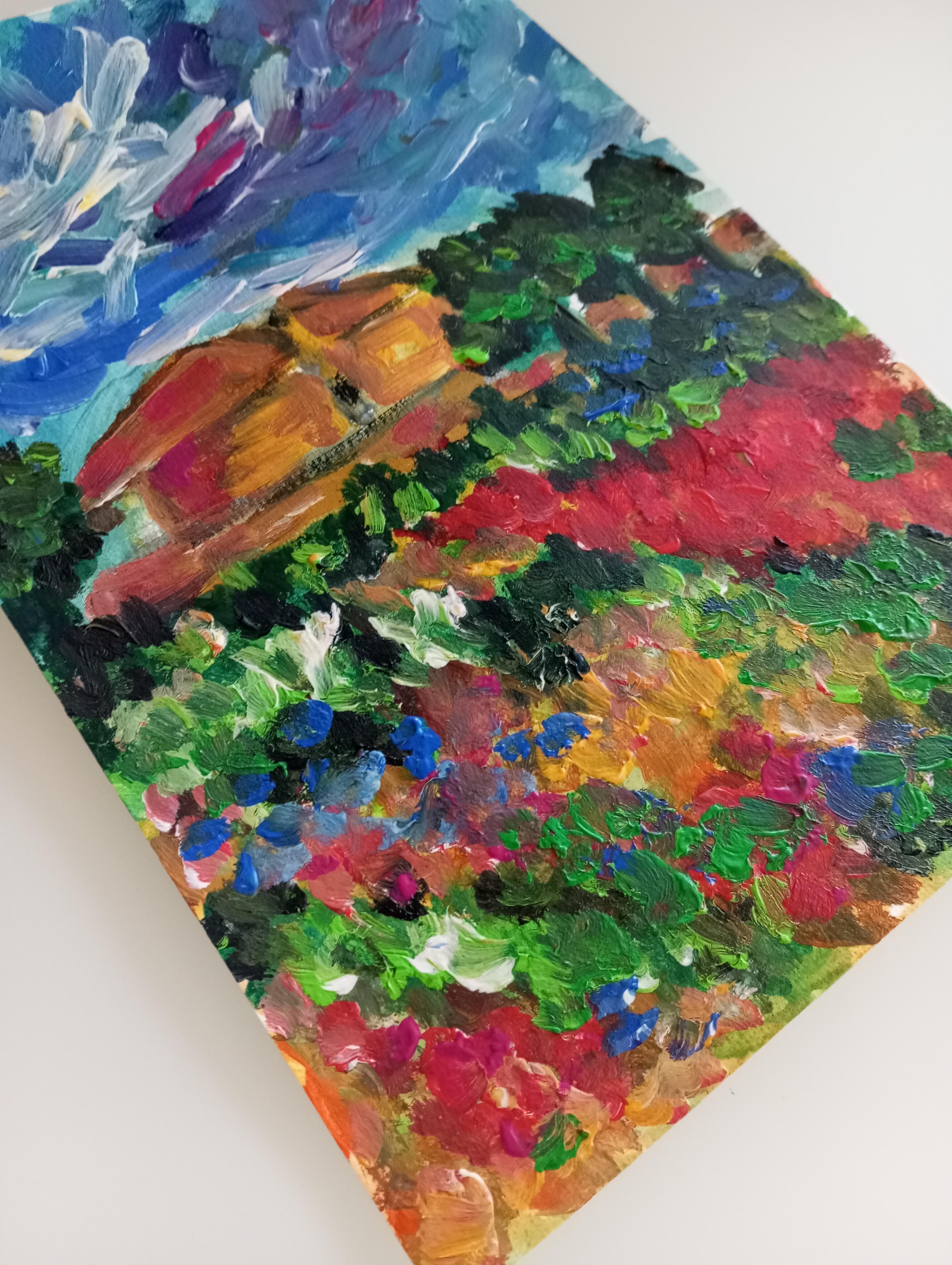 Contemporary colorful impressionist nature painting on paper 