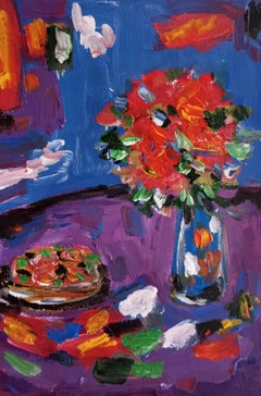 "Table d'été" (nature morte impressionniste contemporaine, peinture acrylique sur papier).